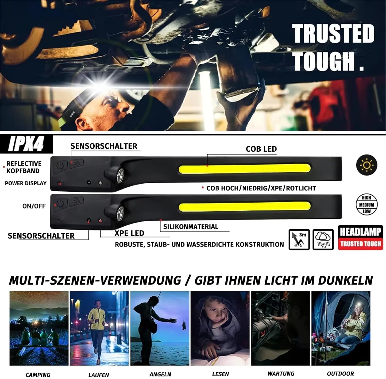 Reiteag Stirnlampe LED wiederaufladbar für Abenteuer, 230° breite Stirnlampe, rotes Licht, Stirnlampe, Sensor-Stirnlampe, wasserdicht, mit Stirnlampe Joggen, für Camping, Joggen, Angeln, Reparatur, Abenteuer – Bild 7