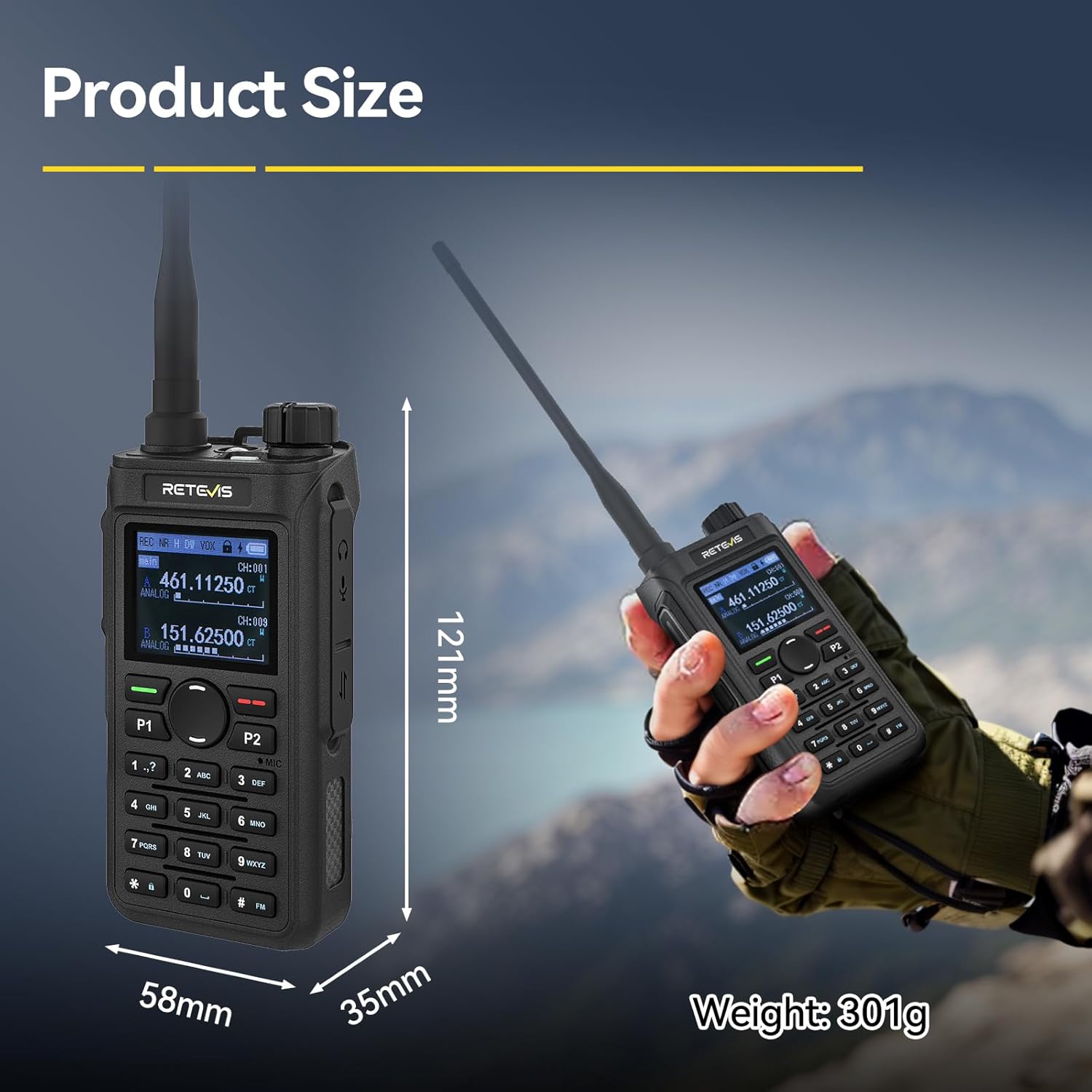 Retevis C62 Amateurfunkgerät, professionelles Amateurfunkgerät, Funkgerät mit großer Reichweite, 2 m/70 cm/Am, CPS, Geräuschunterdrückung, 2000 mAh, für Wandern/Jagd/Camping (Schwarz, 1 Stück) – Bild 8