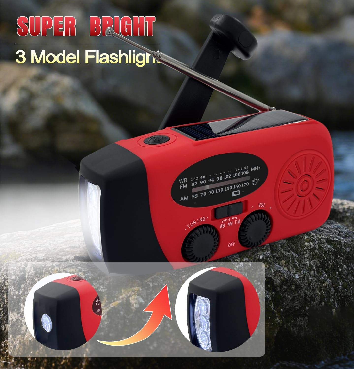 2000 mAh Notfall-Solar-Handkurbelradio, tragbares 3-Wege-Wetterradio AM/FM/NOAA mit USB-Ladegerät, Telefonladegerät, SOS-Alarm und LED-Taschenlampe für Camping, Wandern (rot) | Tragbares Radio mit wiederaufladbarem Akku, Handy-Ladegerät, SOS-Alarm, Taschenlampe für Camping, Überlebensnotfälle – Bild 2