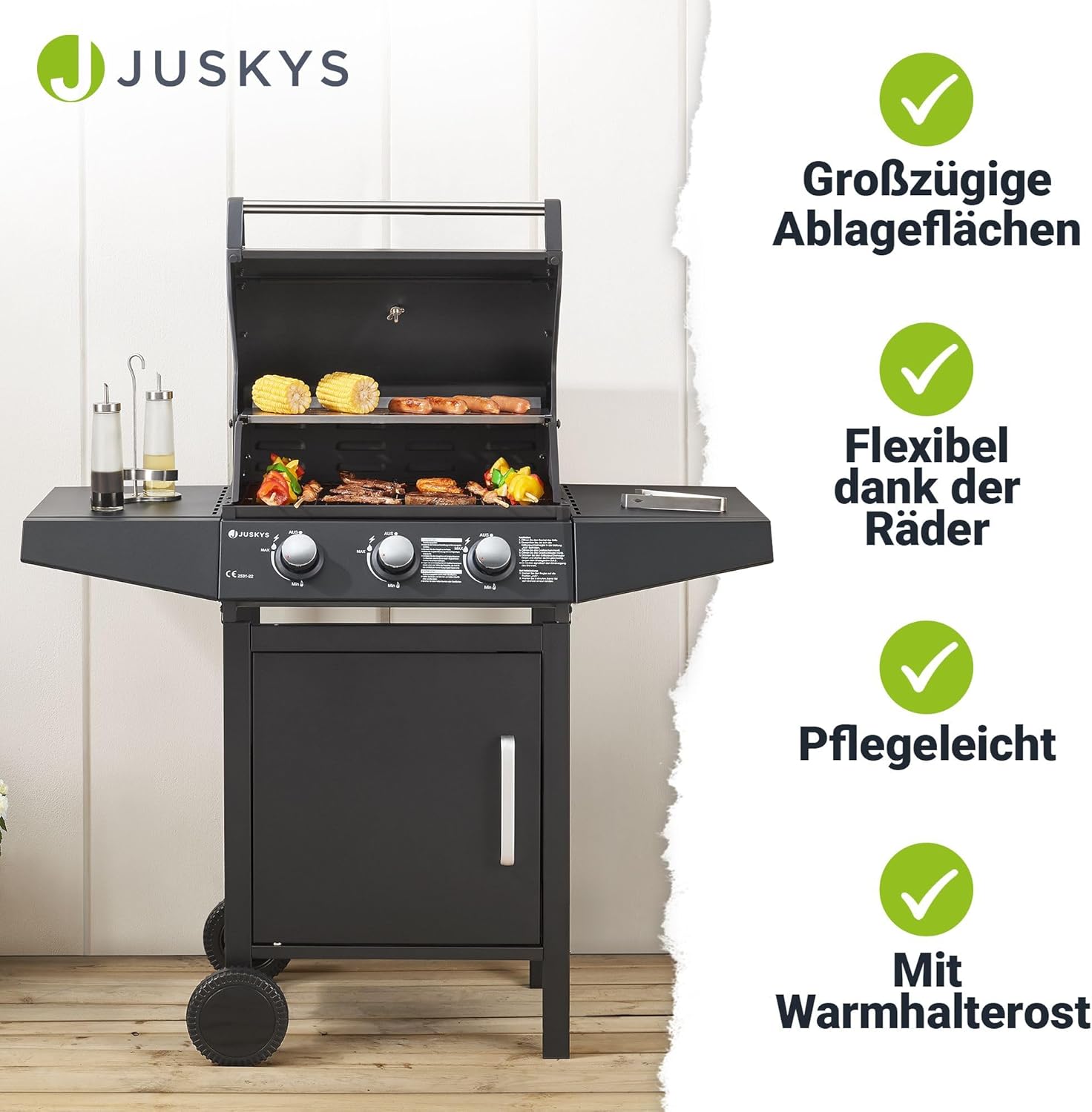 Broilcue Louisiana BBQ Gasgrill 3 Brenner 8,1 kW Gasgrillwagen inkl. Grill Grillrost, Deckel mit Grillthermometer, Warmhalterost und Seitenablagen – Bild 6