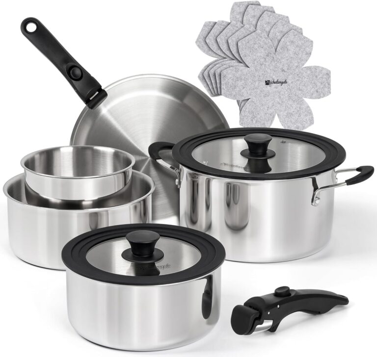 Michelangelo 14-teiliges Induktionstopf-Set, Edelstahl, abnehmbare Griffe | Stapelbares Kochgeschirrset, durchgehend 3-lagig, platzsparend für Camping und Wohnmobil, Topf- und Pfannenset