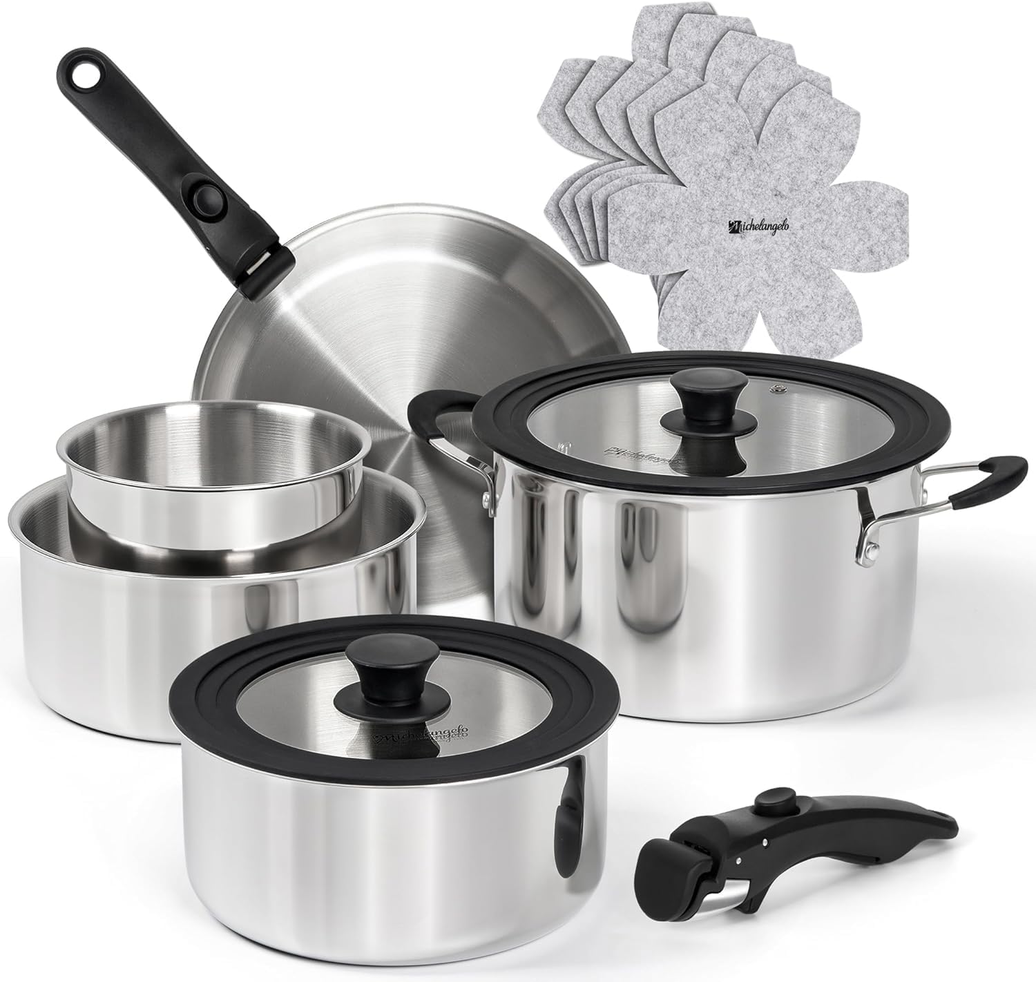 Michelangelo 14-teiliges Induktionstopf-Set, Edelstahl, abnehmbare Griffe | Stapelbares Kochgeschirrset, durchgehend 3-lagig, platzsparend für Camping und Wohnmobil, Topf- und Pfannenset