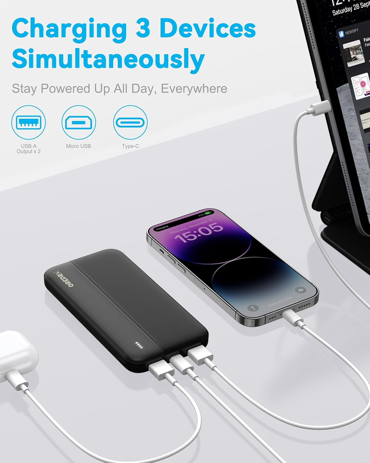 GREPRO Powerbank 10000 mAh, kleine Powerbank mit Typ-C-Eingang und 2 x USB-A- und USB-C-Ausgangsanschlüssen, kompatibel mit iPhone 17, 16, 15 Pro Max, Smartphones und Tablets – Bild 4