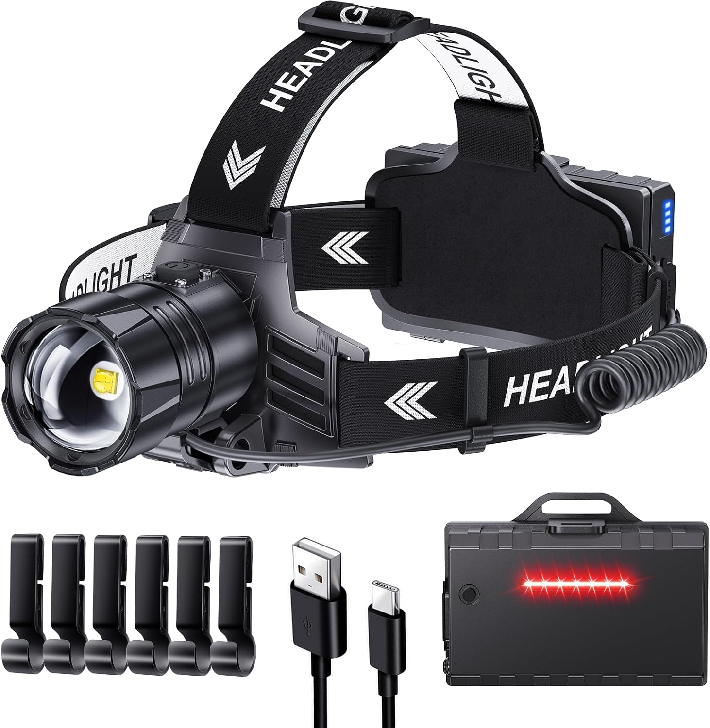 Glarylight LED wiederaufladbare Stirnlampe, superhelle 120.000 Lumen, komfortable Stirnlampe mit 5 Modi, IPX7 wasserdicht & 9000 mAh Akku & zoombar, 120° verstellbare Stirnlampen für Camping, Angeln, Outdoor