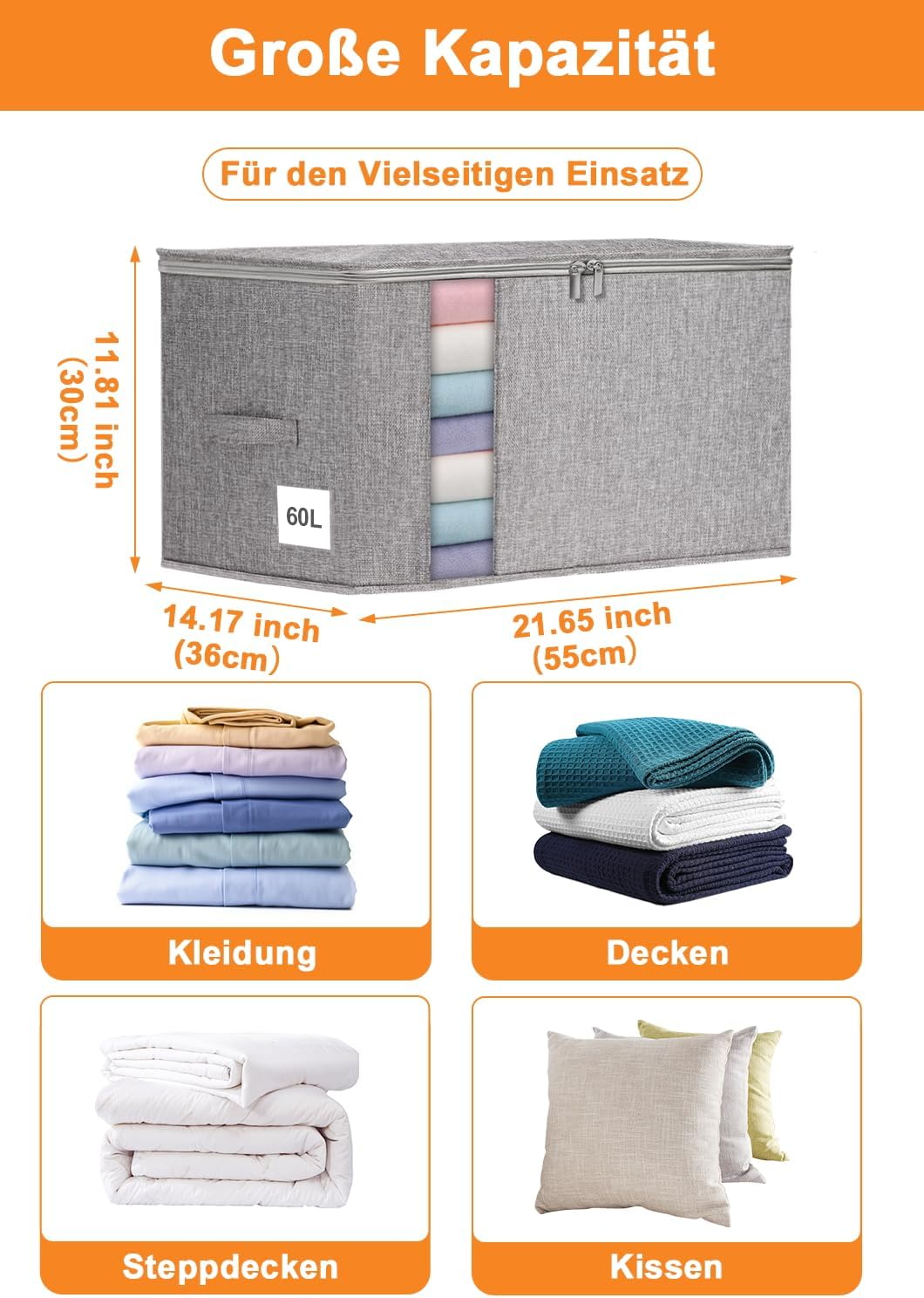 60L Aufbewahrungsboxen 2er Pack für Bettdecken, Decken, Bettwäsche und Kleidung, faltbare, formstabile Stoffboxen mit doppeltem Reißverschluss, Sichtfenster, starke Griffe, stapelbar, wasserdicht, grau – Bild 5