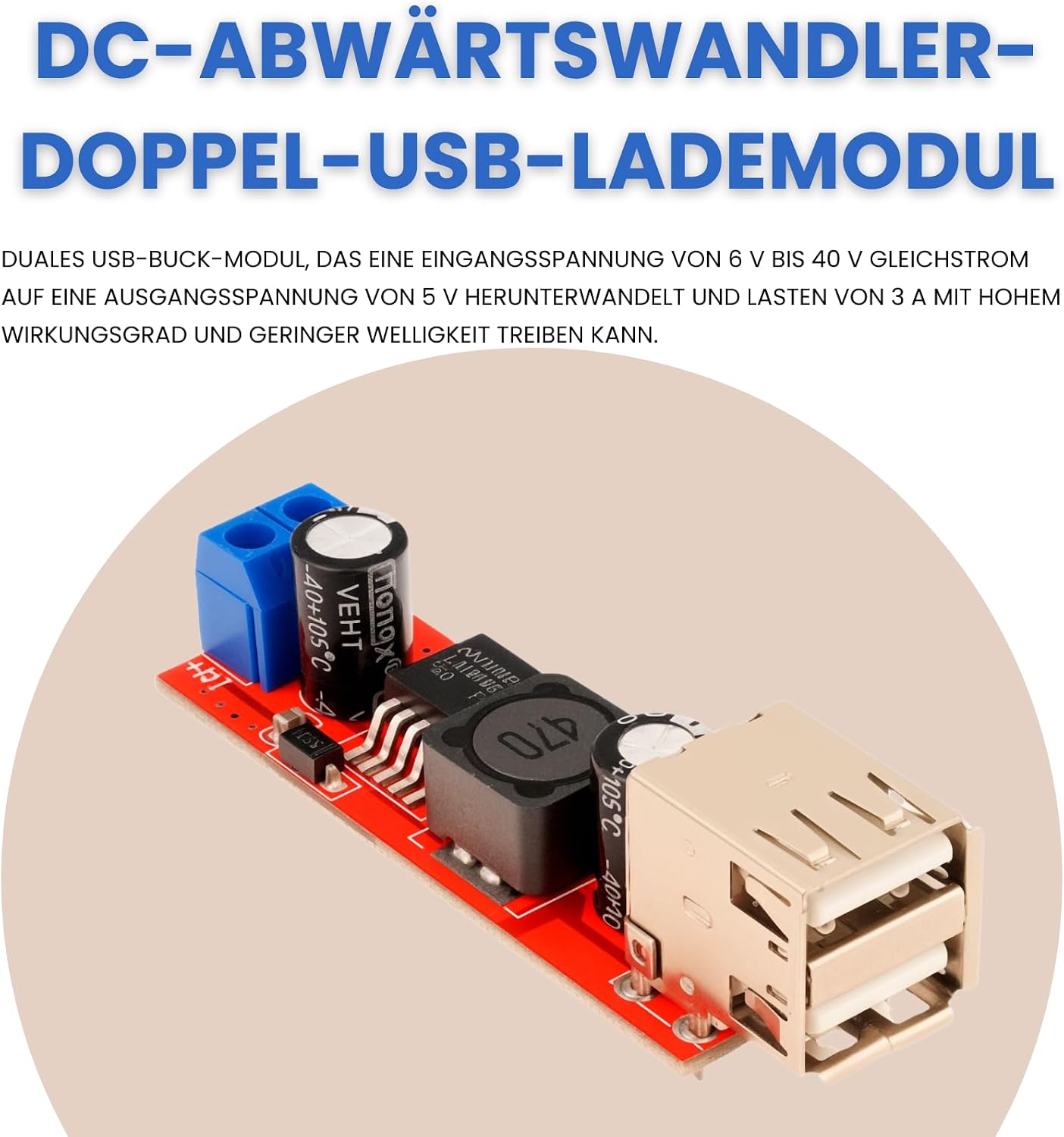 Doppelter USB-DC-DC-Abwärtswandler, 6 V–40 V auf 5 V, 3 A, Buck-Spannungswandler, Ladestromversorgungsmodul (3 Stück) – Bild 3