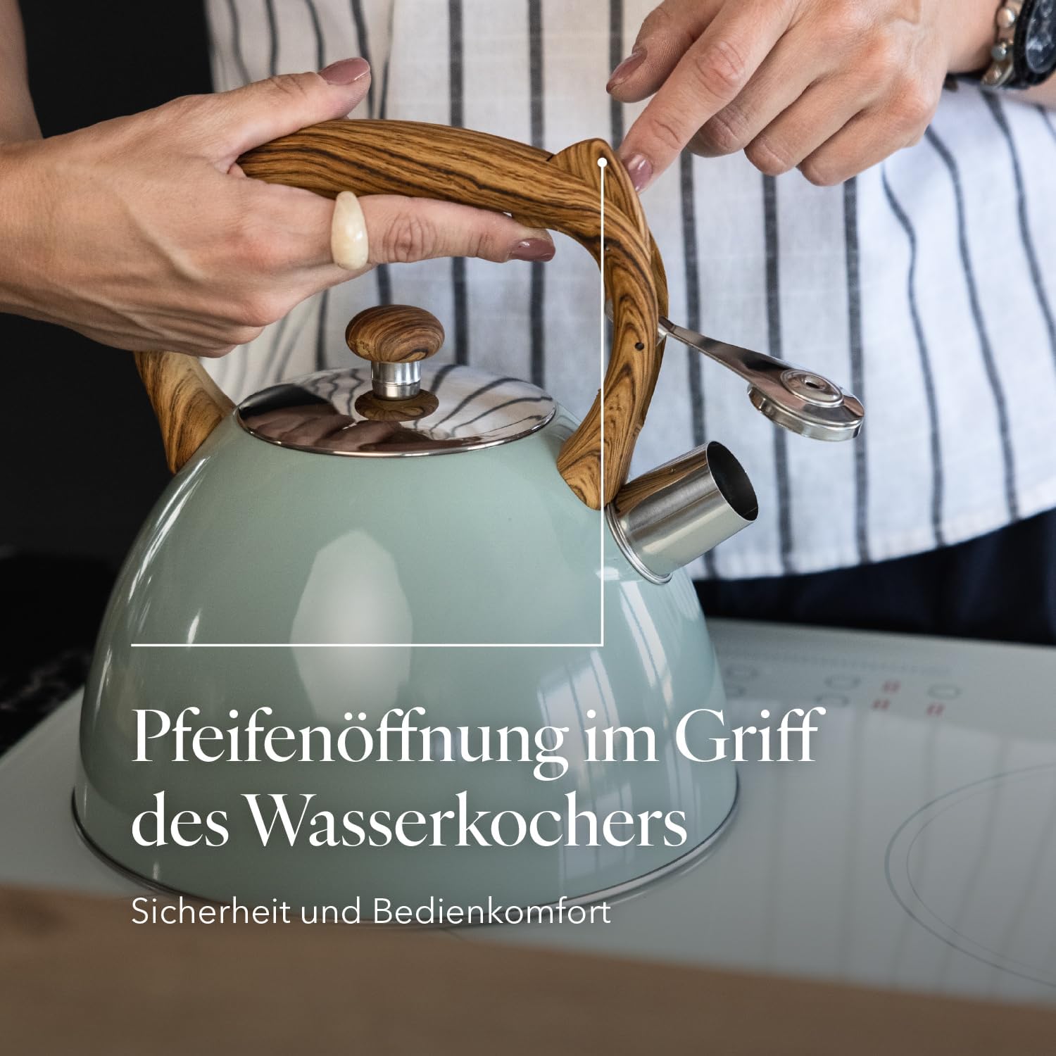 FLORINA Frank Wasserkocher (2,5 Liter) I Teekessel aus Edelstahl I Pfeifkessel mit Holzgriff I Automatischer Pfeifkessel I Wasserkocher für Induktionsherd, Gasherd und Elektroherd I Farbe: Mattgrün – Bild 5