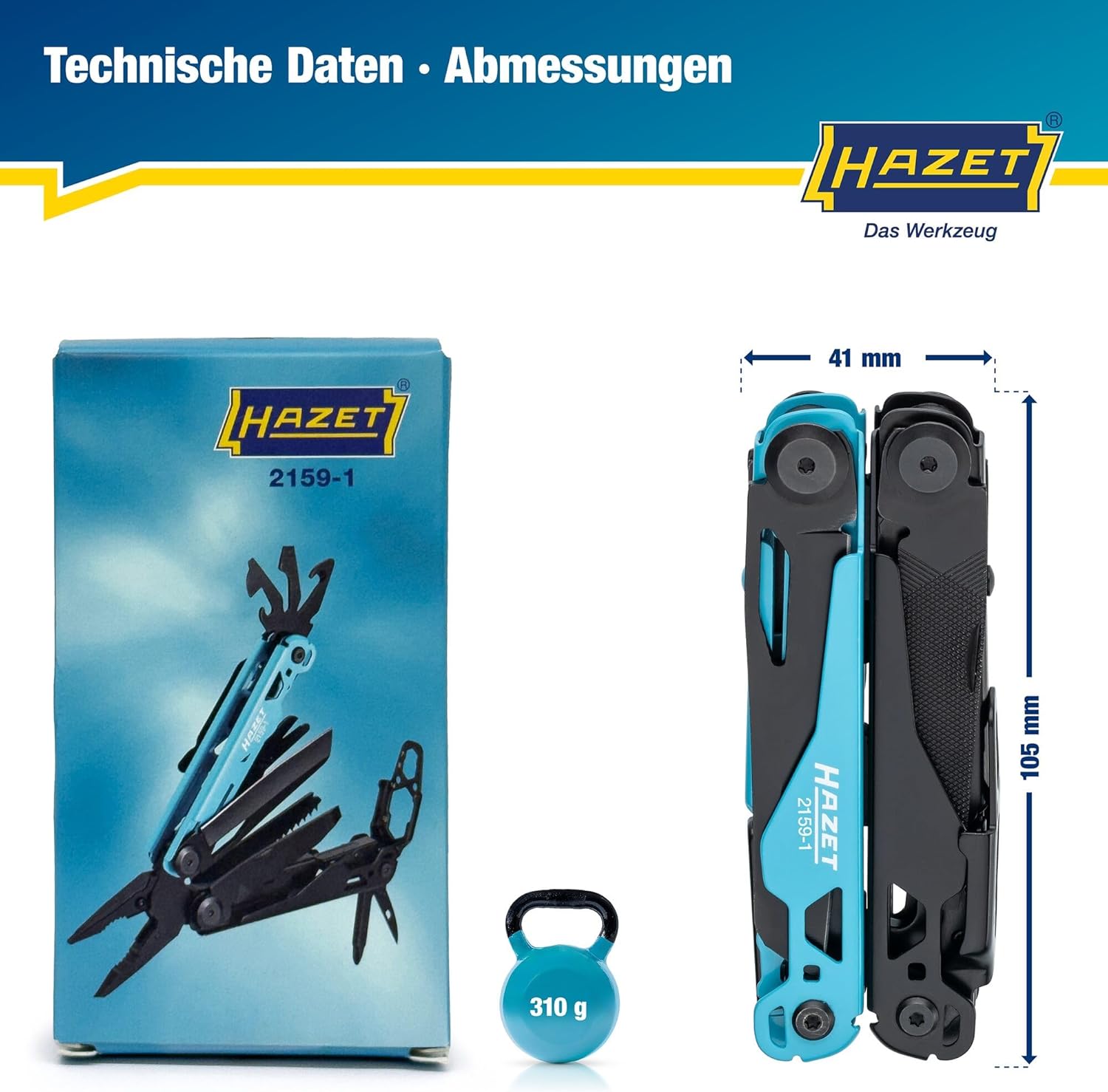 HAZET Multitool 2159-1 13-in-1 Spitzzange aus Edelstahl, Messer, Säge, Schraubendreher, Sechskantschlüssel, Schere, Gürtelclip mit robuster Gürteltasche – Bild 6