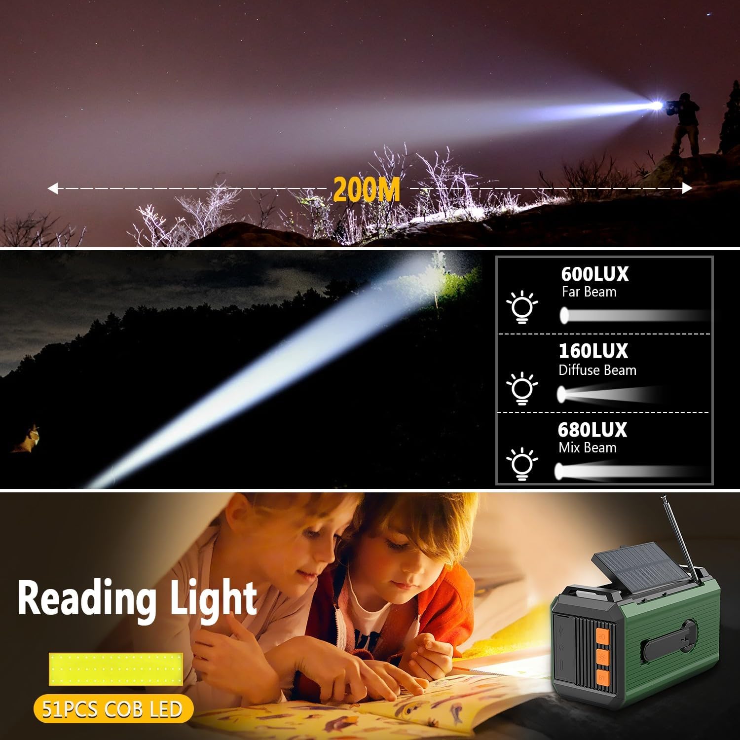27000 mAh Notfallradio mit Kurbel, Solar-, Batterie- und USB-betrieben, tragbares AM/FM-Wetterradio mit Bluetooth/Kopfhöreranschluss/Leselampe/Taschenlampe/Kompass/SOS-Alarm für Camping im Freien – Bild 4