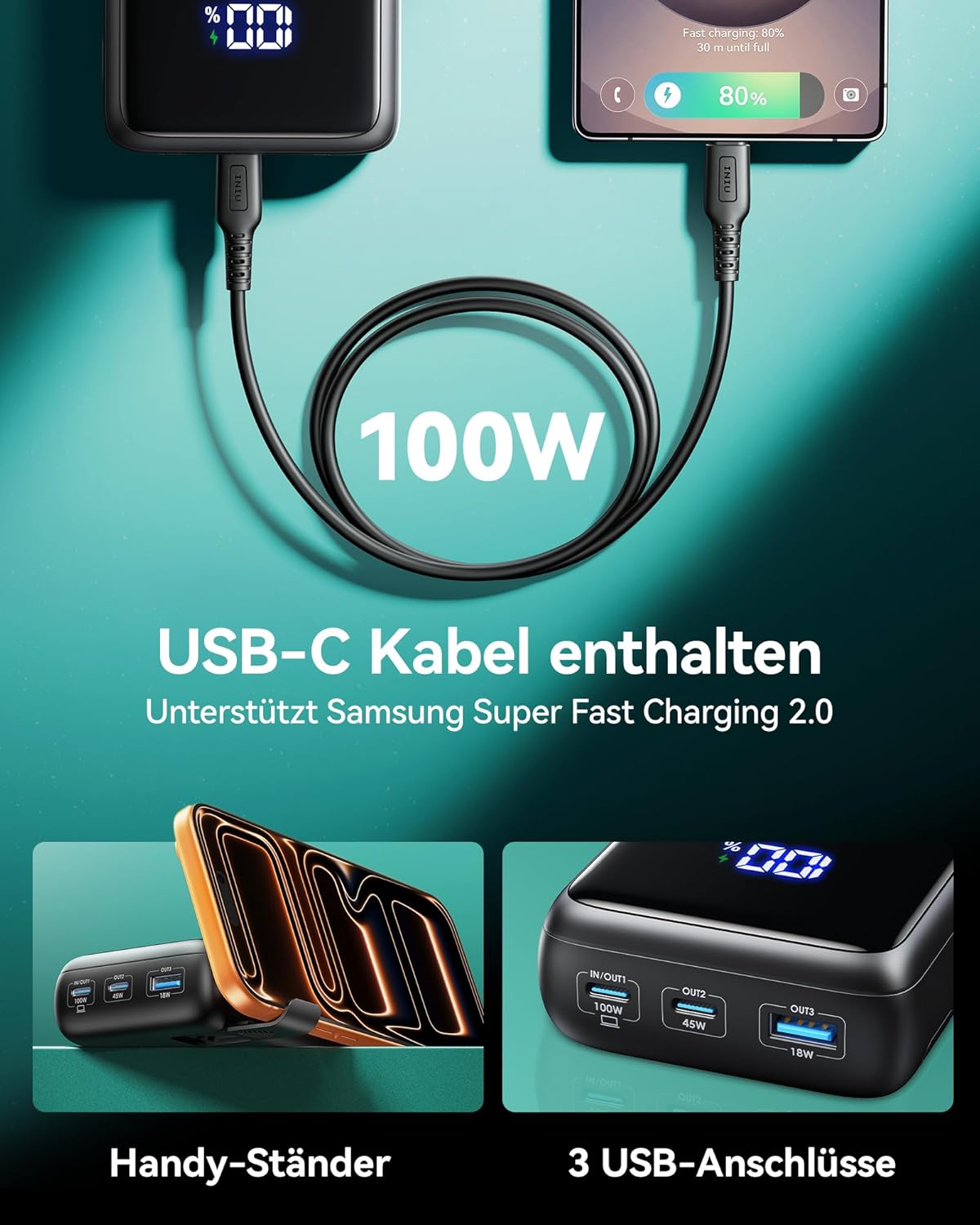 INIU Laptop Power Bank, 100 W PD3.0 25000 mAh Power Bank mit hoher Kapazität, kompakter USB-C One & Output externer Akku, kompatibel mit MacBook Pro, Steam Deck, iPhone 17 16 15 Pro, Samsung S22, iPad Pro usw. – Bild 4