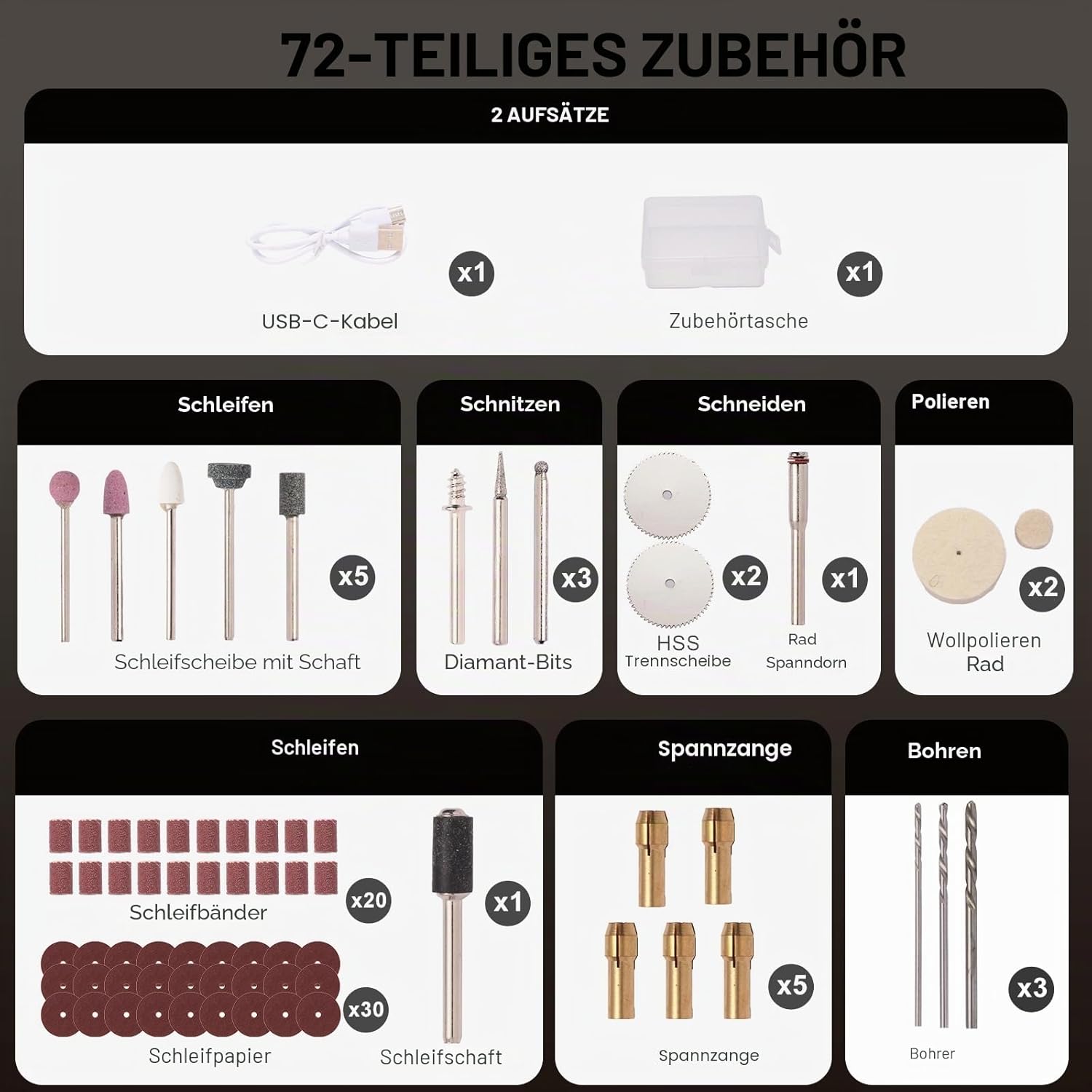 Multifunktionswerkzeug, 3,7 V Li-Ionen-Elektro-Mini-Schleifer-Set mit LED-Arbeitslicht vorne, 5 variable Geschwindigkeiten, 72 Zubehörteile, kabelloses Drehwerkzeug mit USB-Aufladung – Bild 3