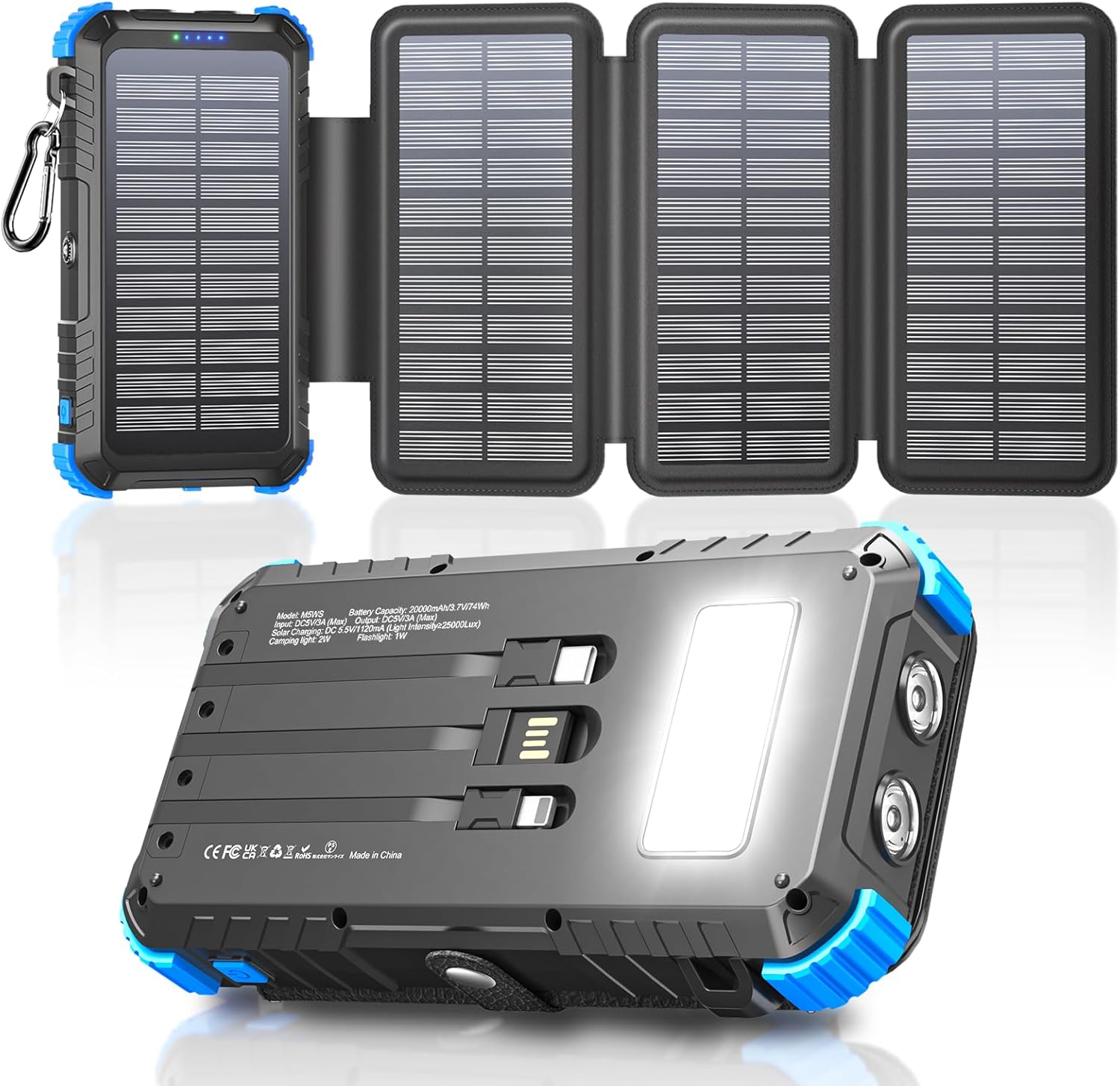 Solar Power Bank 20000 mAh mit 4 Solarpanels, USB C 15 W Schnellladung 5 Ausgänge mit 3 Kabeln, wasserdichter externer Outdoor-Akku mit Karabiner & Taschenlampen für Camping, Telefone, Tablets