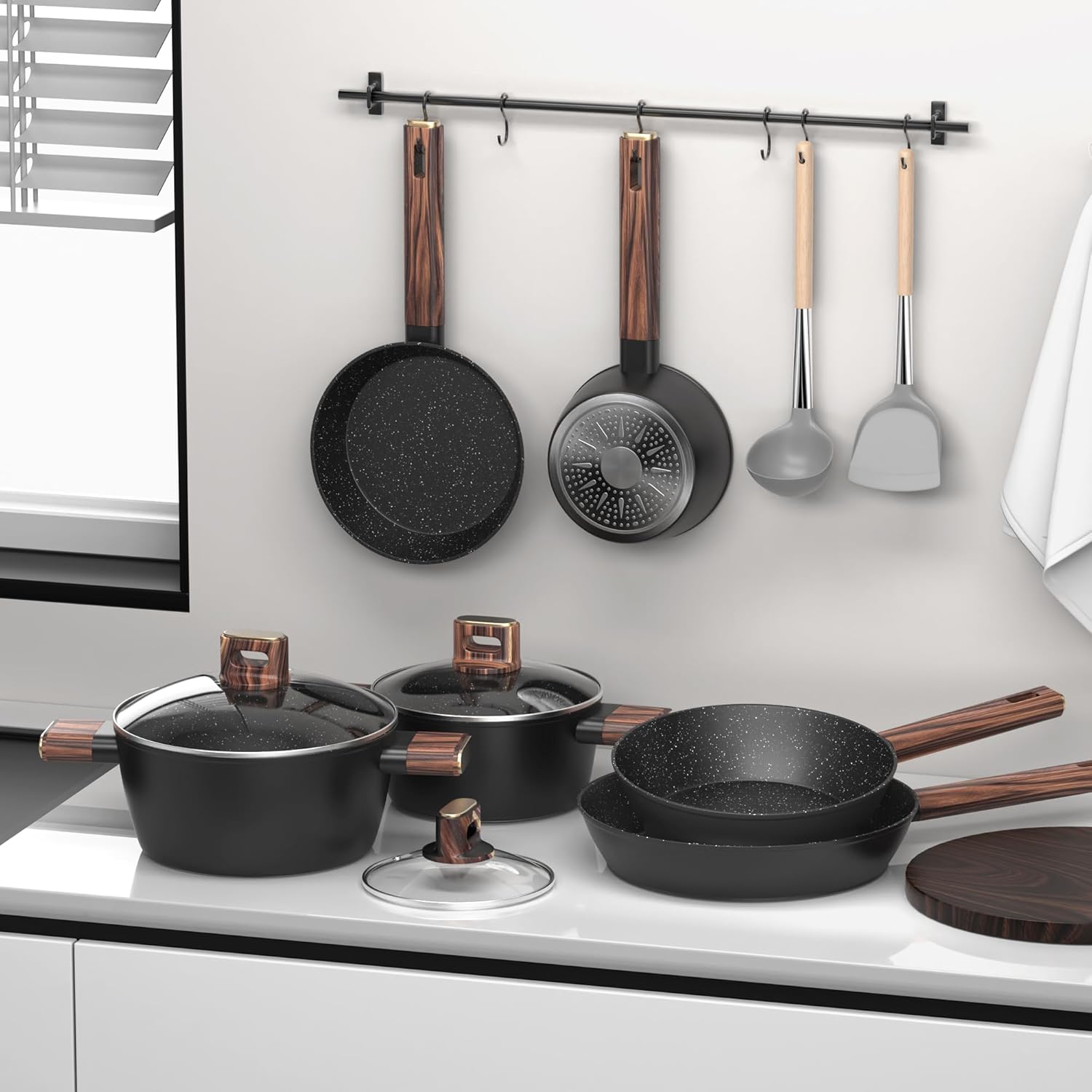 11-teiliges Kochtopf-Set, antihaftbeschichtetes Kochtopf-Set aus Aluminium für Induktion, Pfanne 20/28 cm, tiefe Bratpfanne 24 cm, Kochtopf mit Deckel 16/20/24 cm, Pfannenset PFOA-, PFOS-frei – Bild 7