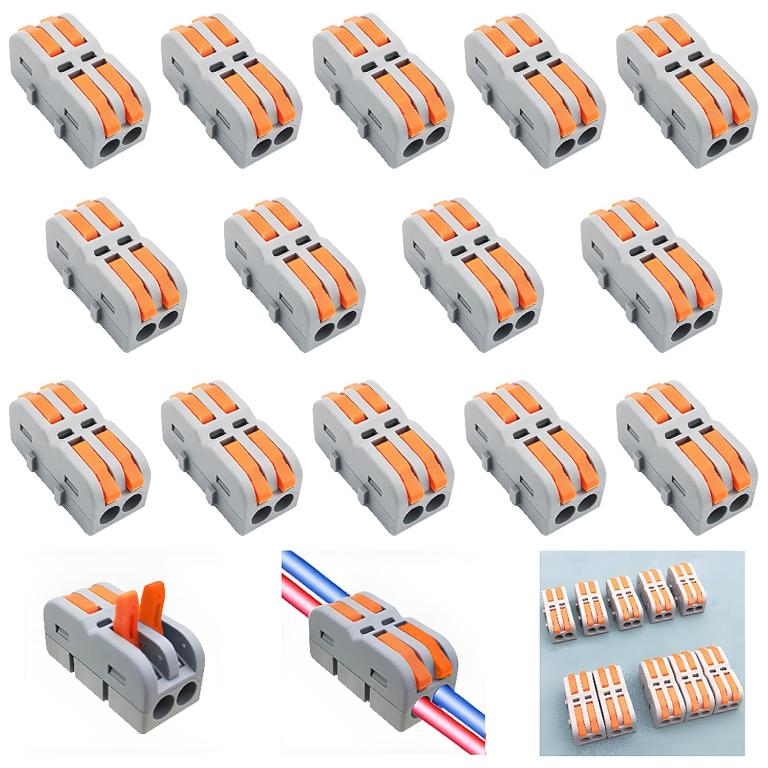 Anschlussklemmen, CESFONJER Mini Anschlussblöcke, SPL-2M Schnellanschlussklemme Kabelverbinder, mit Betätigungshebel frei kombinierbar (14 Stück)