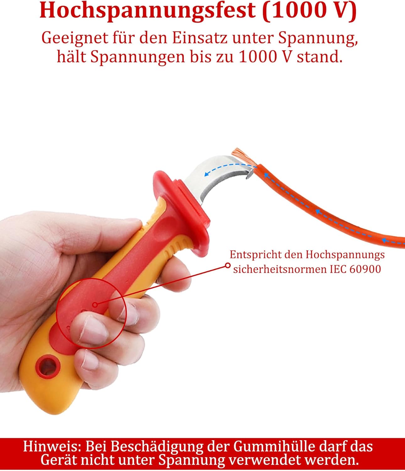 1000 V 210 mm Isolations-Elektrikermesser: IEC60900 Kabelabisoliermesser mit ergonomischem Griff für Elektroinstallation und Handwerker – Bild 6