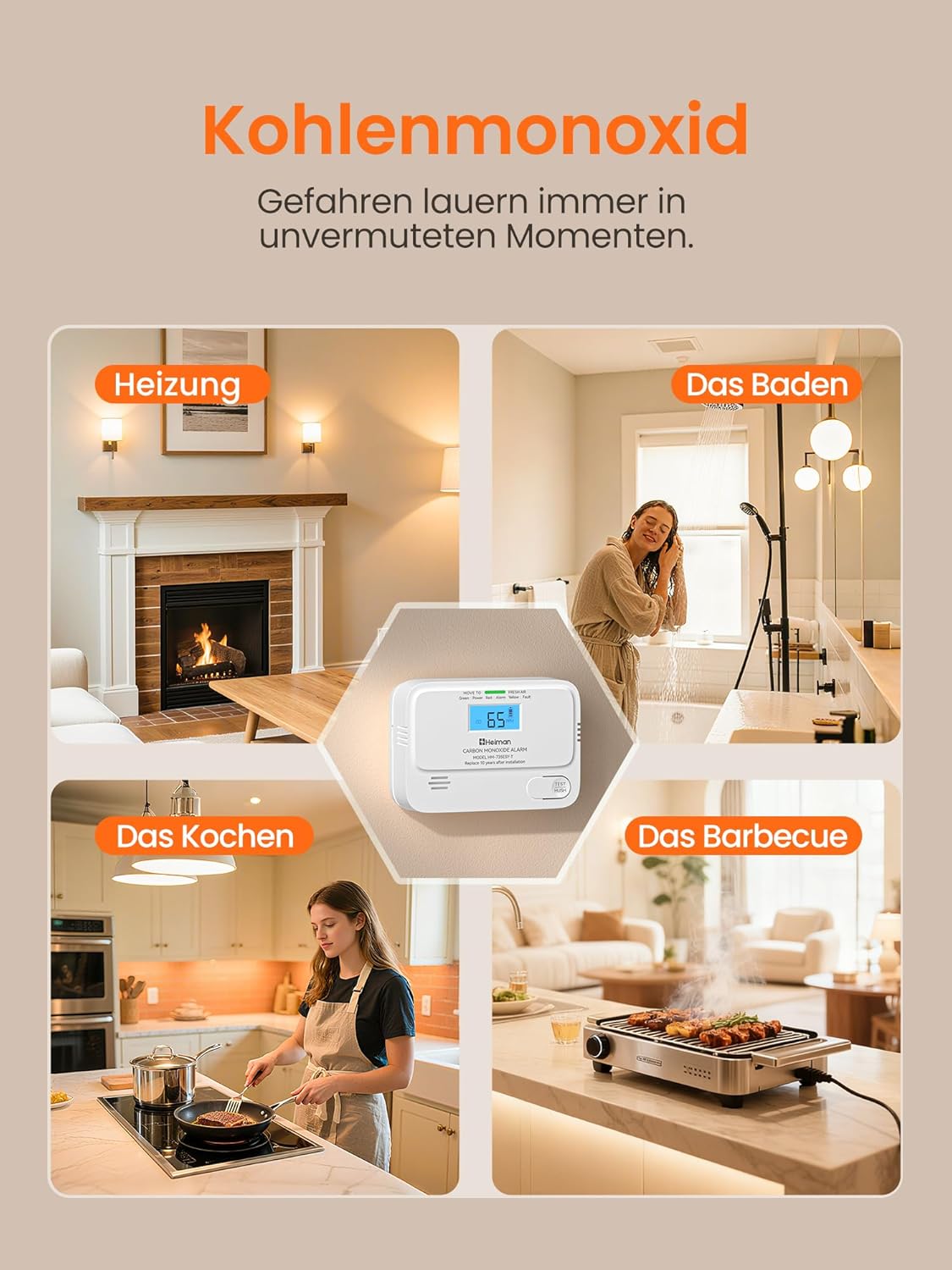 Heiman Kohlenmonoxidmelder, 10 Jahre Batterielebensdauer, CO-Melder für Zuhause mit digitalem LCD-Display, CO-Alarm, BSI-geprüft, EN 50291-Standard – Bild 8
