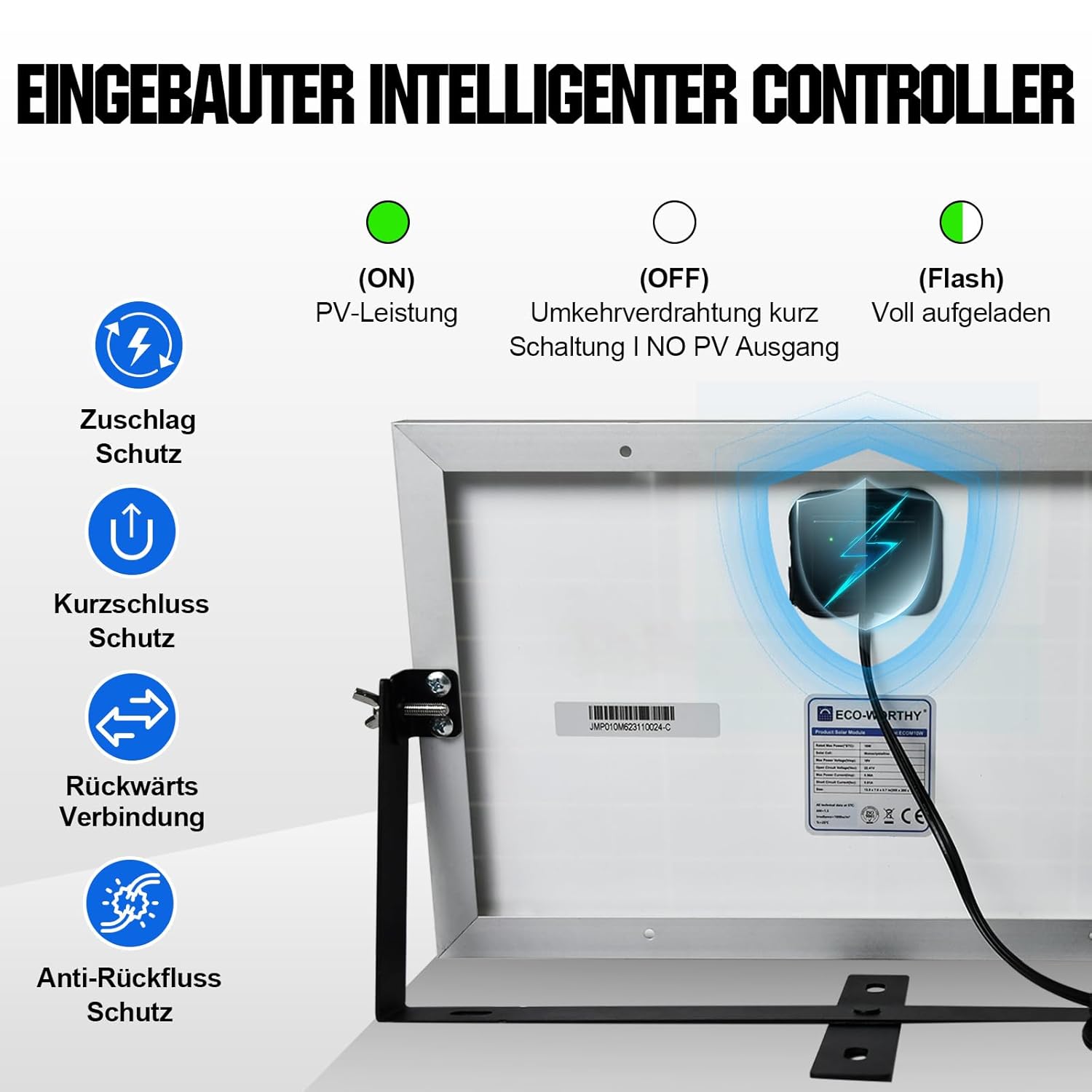 ECO-WORTHY 10 W 12 V monokristallines Solarpanel-Set, Solarladegerät für Erhaltungsladung: 10 W Solarpanel + Solarladeregler + Solarkabel für 12 V-Batterien, Wohnmobil, Wohnwagen, Elektrozaun, Boot – Bild 3