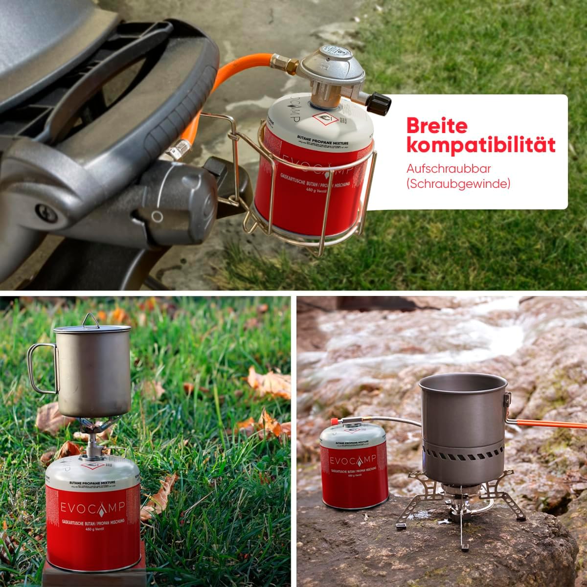EVOCAMP 4 x Propan-Butan-Gaskartuschen 450 g für Weber-Grills Q100/1000-Serie, Schraubkartusche Eurogewinde 7/16 Zoll, Ventilkartusche 809 ml mit automatischer Sicherheitsverriegelung – Bild 5