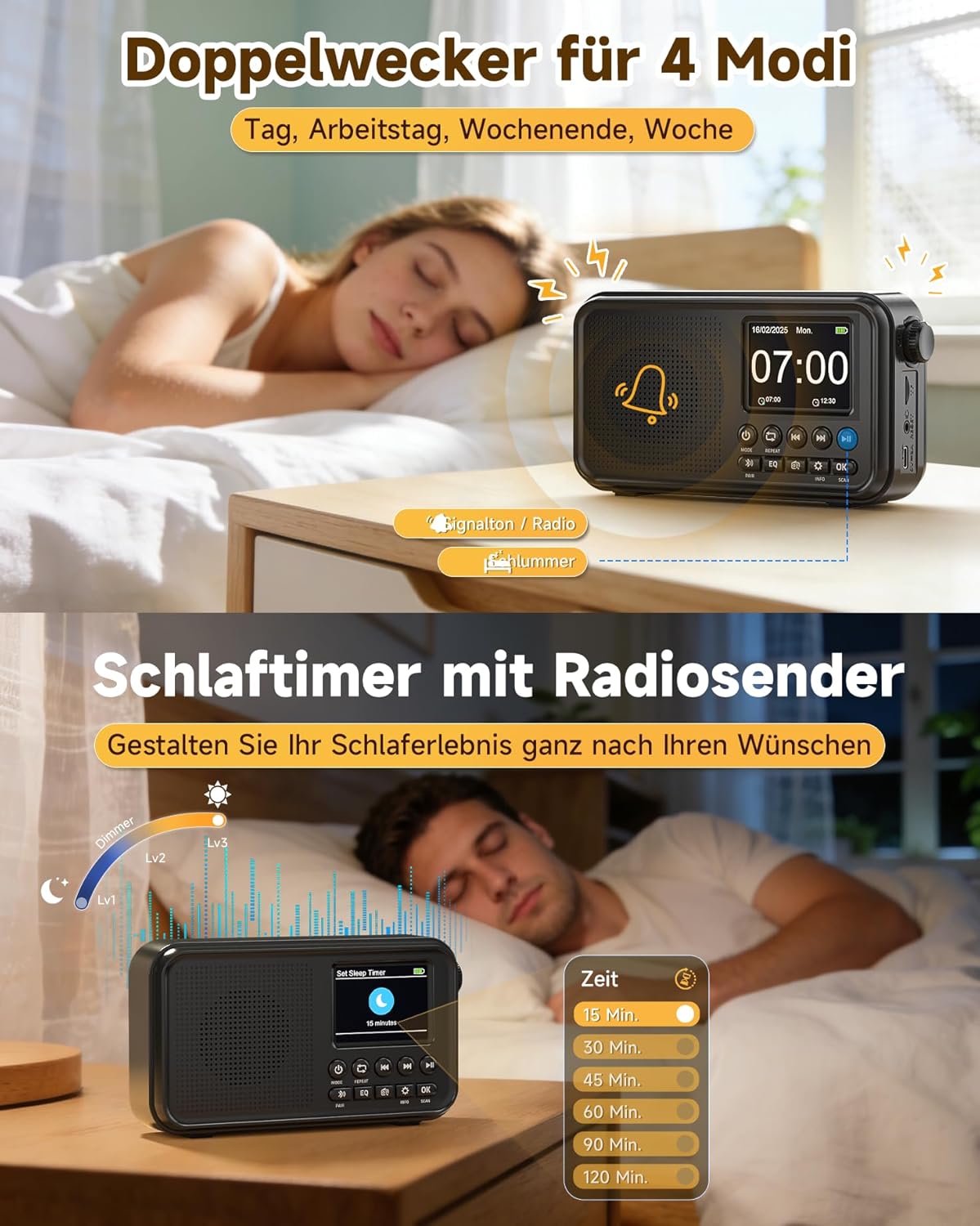 Roxicosly Tragbares DAB/DAB+-Radio, 80 Voreinstellungen, FM-Digitalradio mit 3000-mAh-Akku, Küchenradio mit Bluetooth 5.0, EQ-Modi, Sleep-Timer, Schlummerfunktion, TF/3,5-mm-AUX-Anschluss, Doppelalarm – Bild 6