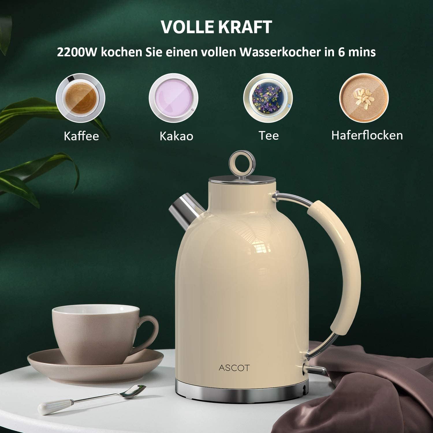 ASCOT Wasserkocher, Edelstahl, elektrischer Wasserkocher, Geschenke für Männer/Frauen/Familie, 1,5 Liter, kabelloser Teekessel, Trockengehschutz, automatische Abschaltung (Creme) – Bild 4