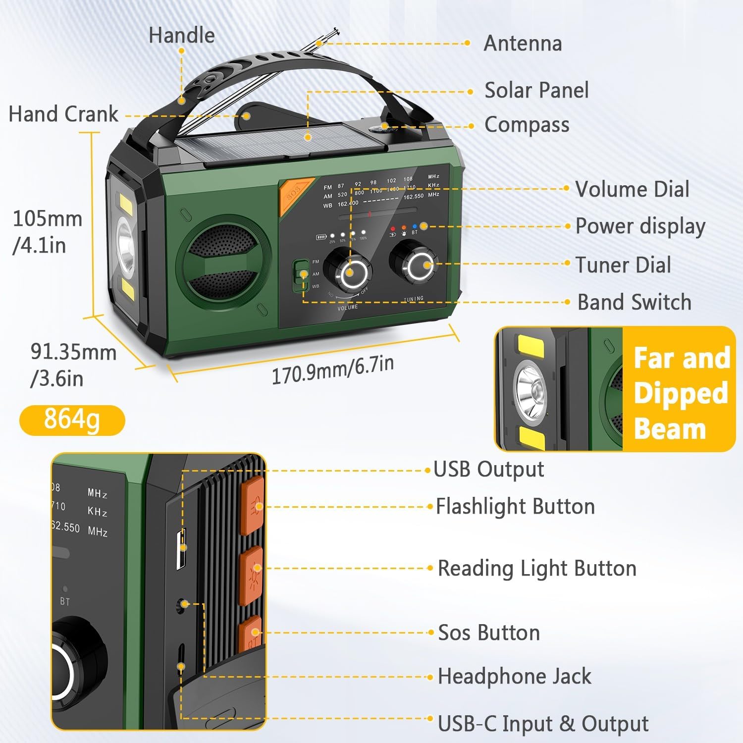 27000 mAh Notfallradio mit Kurbel, Solar-, Batterie- und USB-betrieben, tragbares AM/FM-Wetterradio mit Bluetooth/Kopfhöreranschluss/Leselampe/Taschenlampe/Kompass/SOS-Alarm für Camping im Freien – Bild 6
