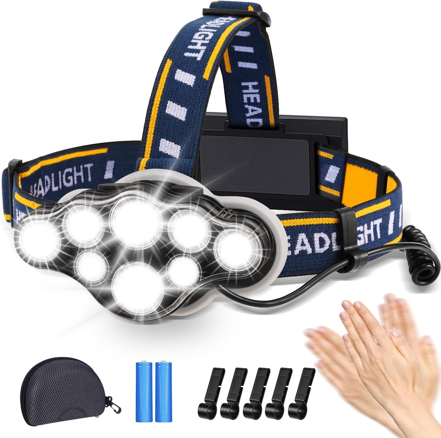 Hyted Stirnlampe, superhelle Stirnlampe, 18.000 Lumen, 8 LEDs, 8 Modi mit rotem Warnlicht, USB-Stirnlampe, wiederaufladbar, wasserdicht, perfekt für Arbeit, Outdoor, Camping, Wandern, Angeln