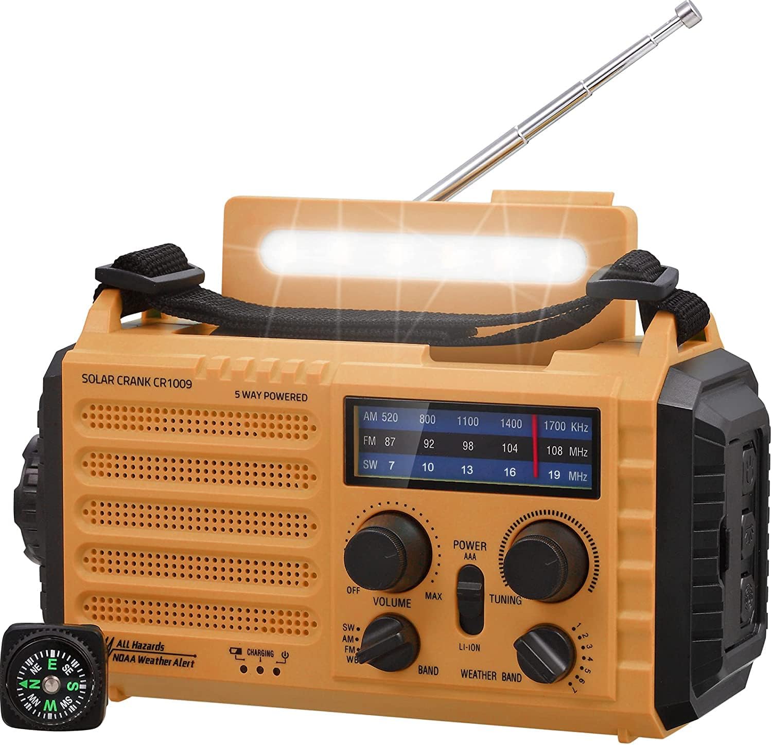 Tragbares Solarradio, Notfallradio mit Kurbel, Dynamo-Wetter-AM/FM/SW-Radio, wiederaufladbare 5000-mAh-Powerbank, USB-Telefonladegerät, LED-Taschenlampe und Leselampe, SOS-Alarm, Kompass für Camping im Freien