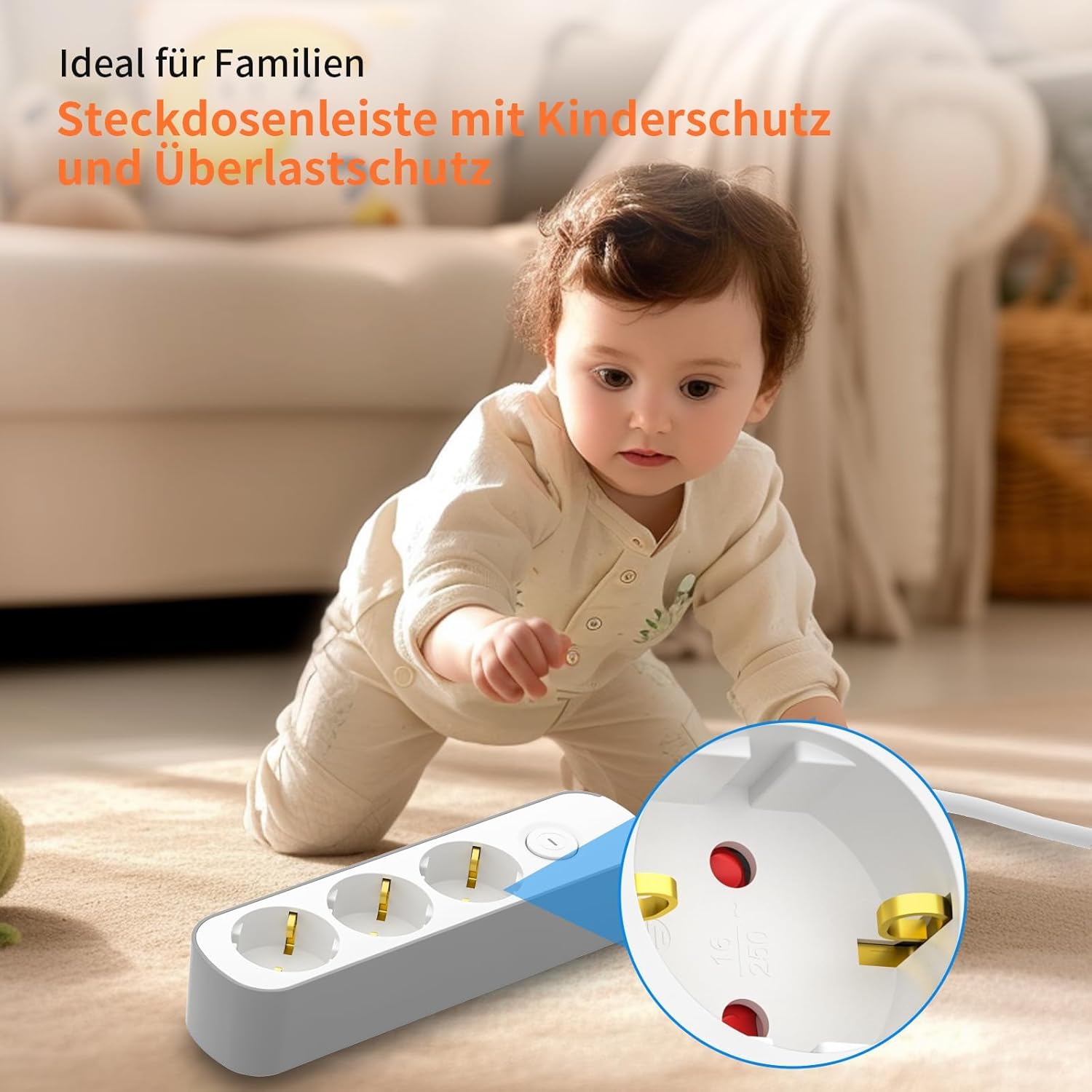 3-fach Steckdosenleiste, Mehrfachsteckdose mit Schalter 3m, Flachsteckdose mit Kindersicherung, 3-fach Steckdosenleiste für Haushaltsgeräte, Computer, Handy laden, Büro, Schlafzimmer, Familie – Bild 6