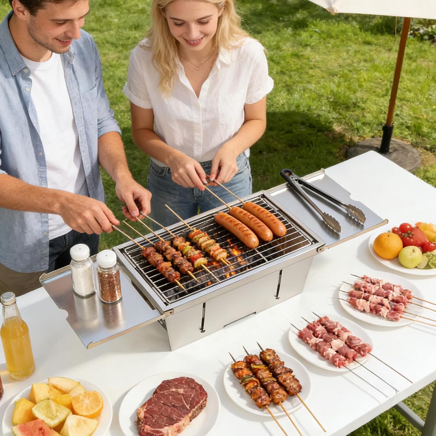 Uten Tragbarer faltbarer Grill, Holzkohlegrill aus Edelstahl mit Aufbewahrungstasche und Handschuhen, Tischgrill für Garten, Strand, Camping, Wandern, Picknicks und Reisen – Bild 8