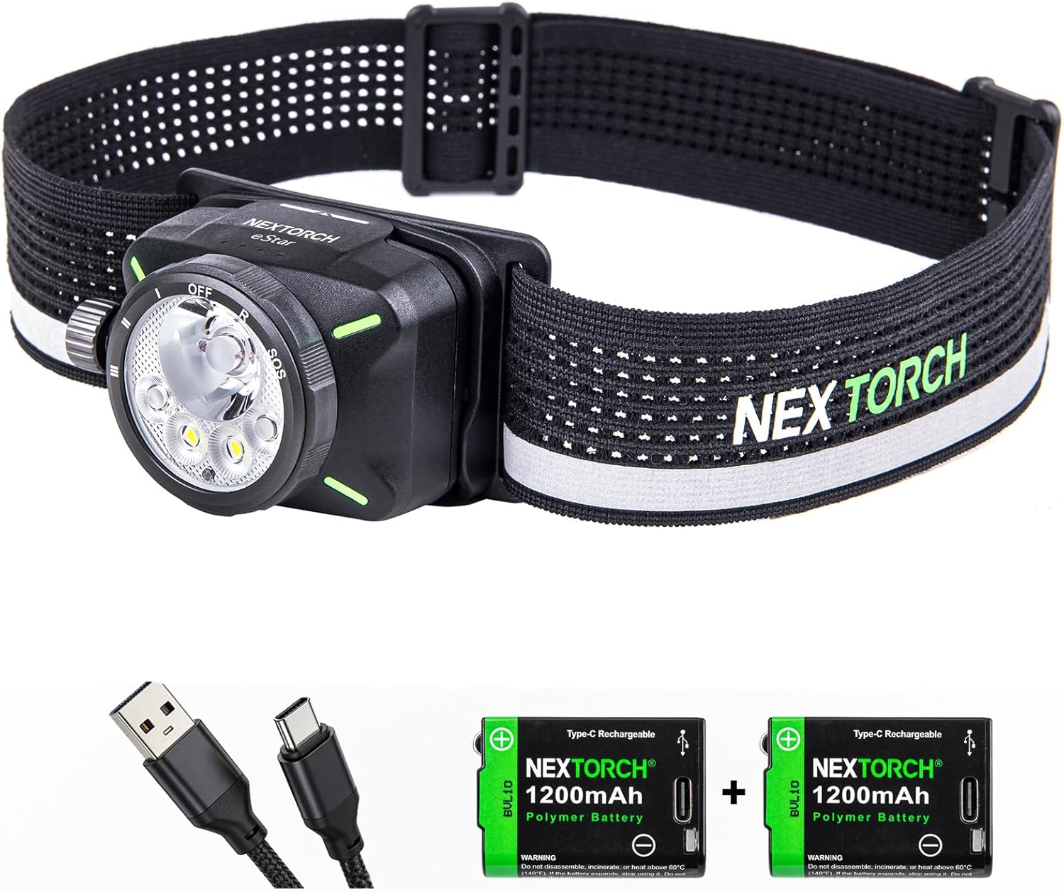 NEXTORCH eStar Stirnlampe, 1300 Lumen, wiederaufladbare LED-Stirnlampe, ultraleicht mit rotem Licht, wasserdichtes Stirnband für Outdoor, Camping, Wandern, Laufen & Joggen & Arbeit, 2 x 1200 mAh Akkus, USB-C