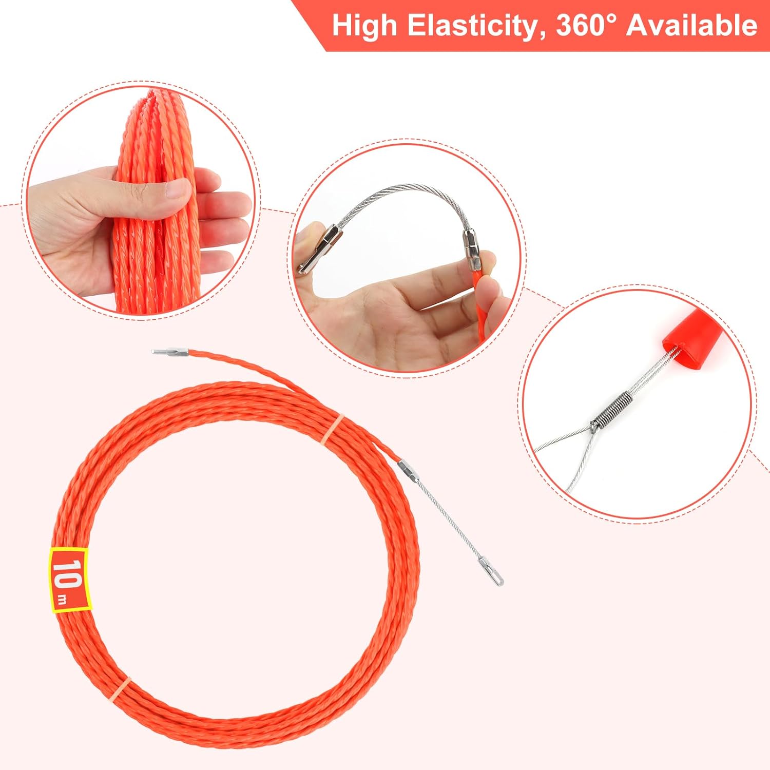 10 m einziehbares Spiralkabel, Einziehhilfe, RISVOWO Polyester-Einziehdraht mit 2 Führungsfedern, einziehbares Band, φ4,5 mm, 4,5 mm Durchmesser, elektrischer Drahtzieher, Elektriker, Nadel, Spiralbindung, flexibel – Bild 4