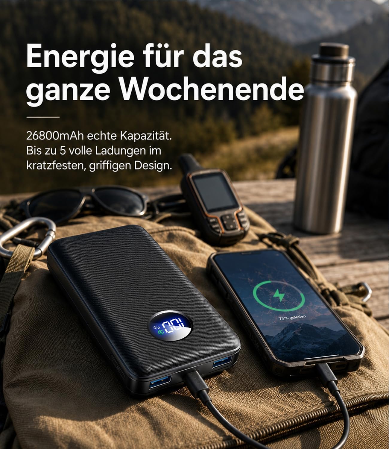 Powerbank 26800 mAh, 22,5 W Schnellladefunktion Externer Akku mit 3 Ausgängen (USB-C 20 W PD 3.0 & QC 3.0 USB-A), Flugzeugzulassung, Kompaktladegerät für iPhone 17 16 15, Samsung, iPad, Carbon – Bild 2