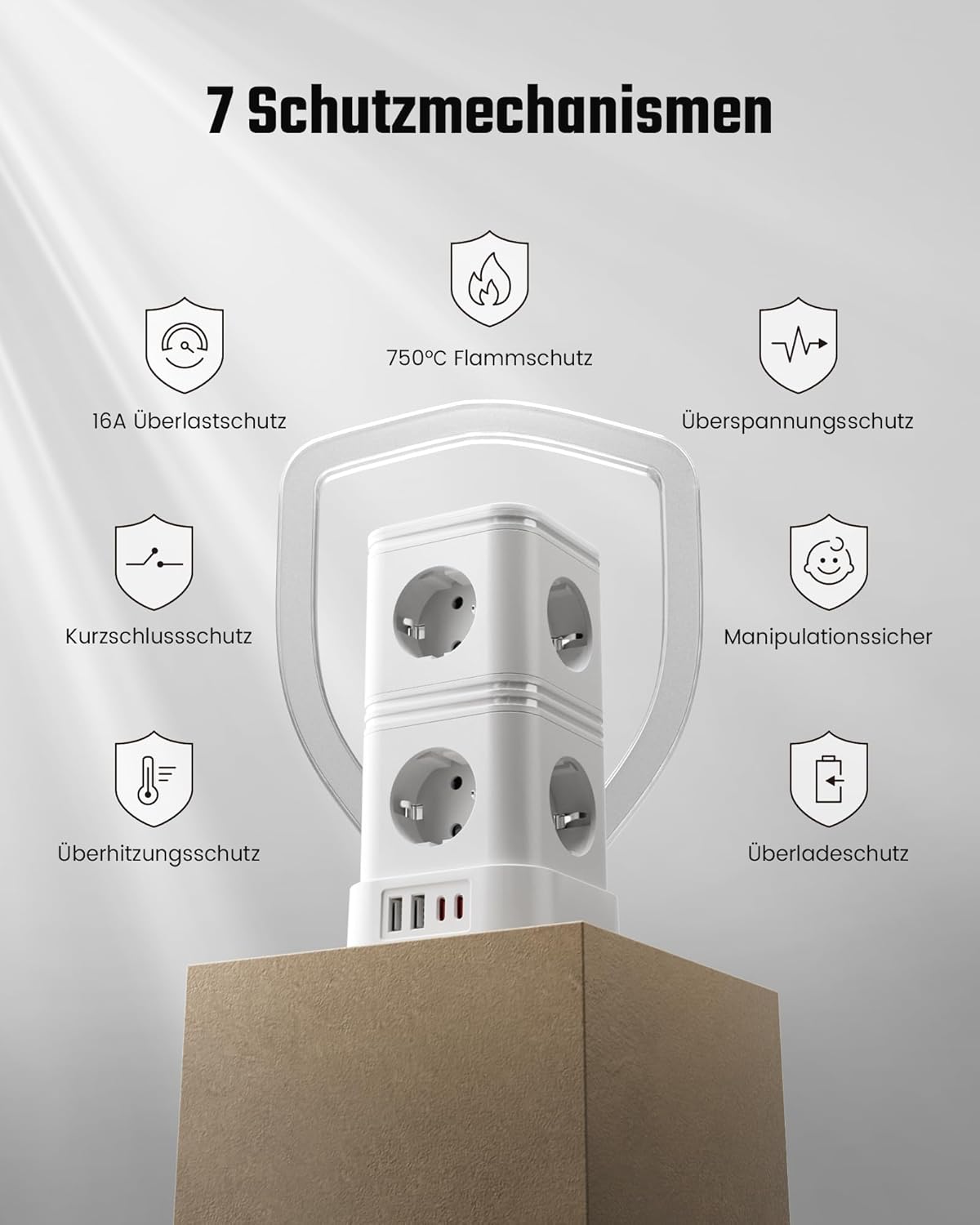 Mehrfachsteckdose Überspannungsschutz, 8-fach Mehrfachsteckdose mit PD 20W USB C, Steckdosenleiste mit Schalter, Steckdosenwürfel mit Verlängerungskabel 2m, 16A/3840W, Weiß – Bild 7
