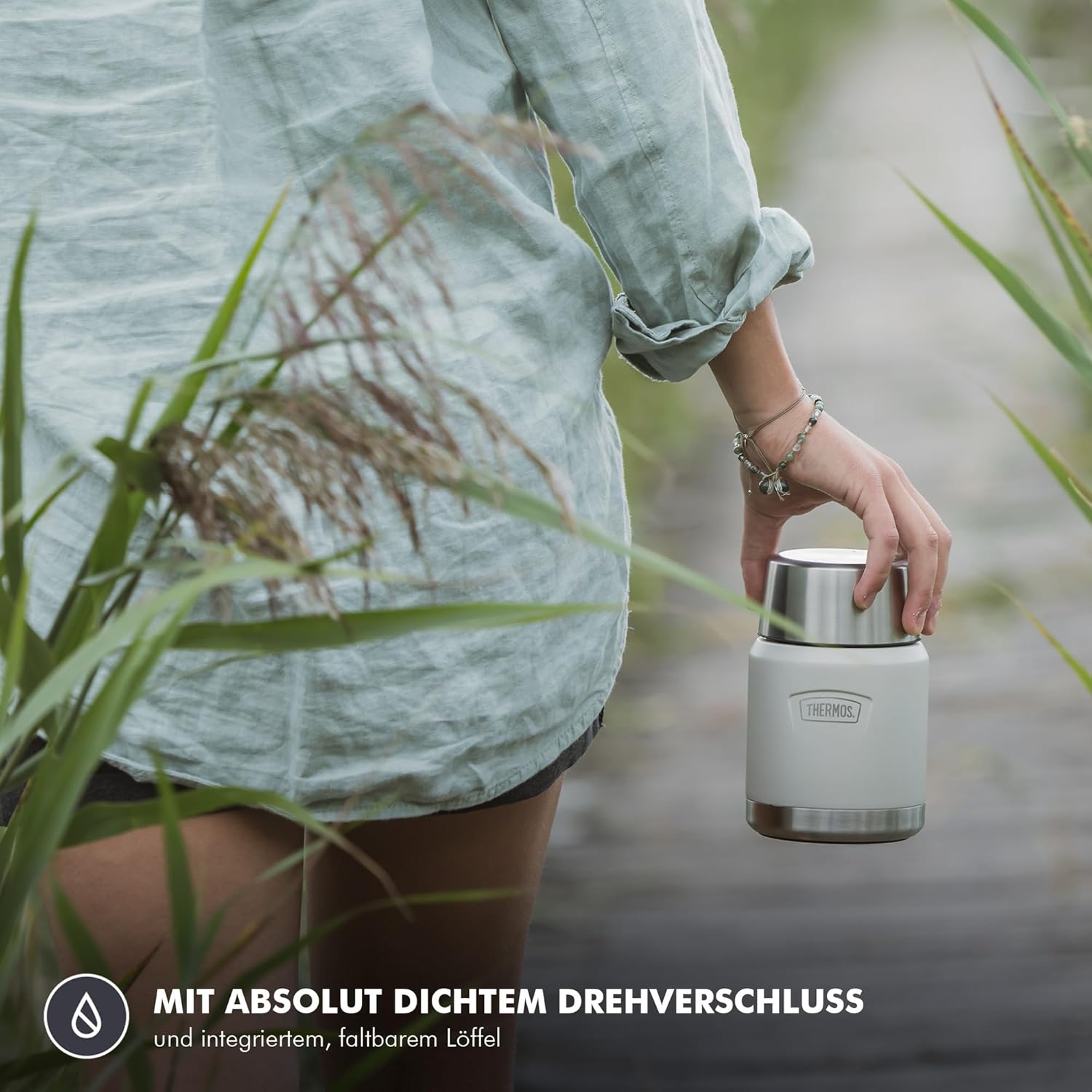 Thermos ICON Thermo-Speisebehälter Beige 0,47 L – Hält Speisen 10 Stunden heiß & 24 Stunden kalt, Edelstahl, absolut auslaufsicher, mit Klapplöffel, BPA-frei – Bild 7