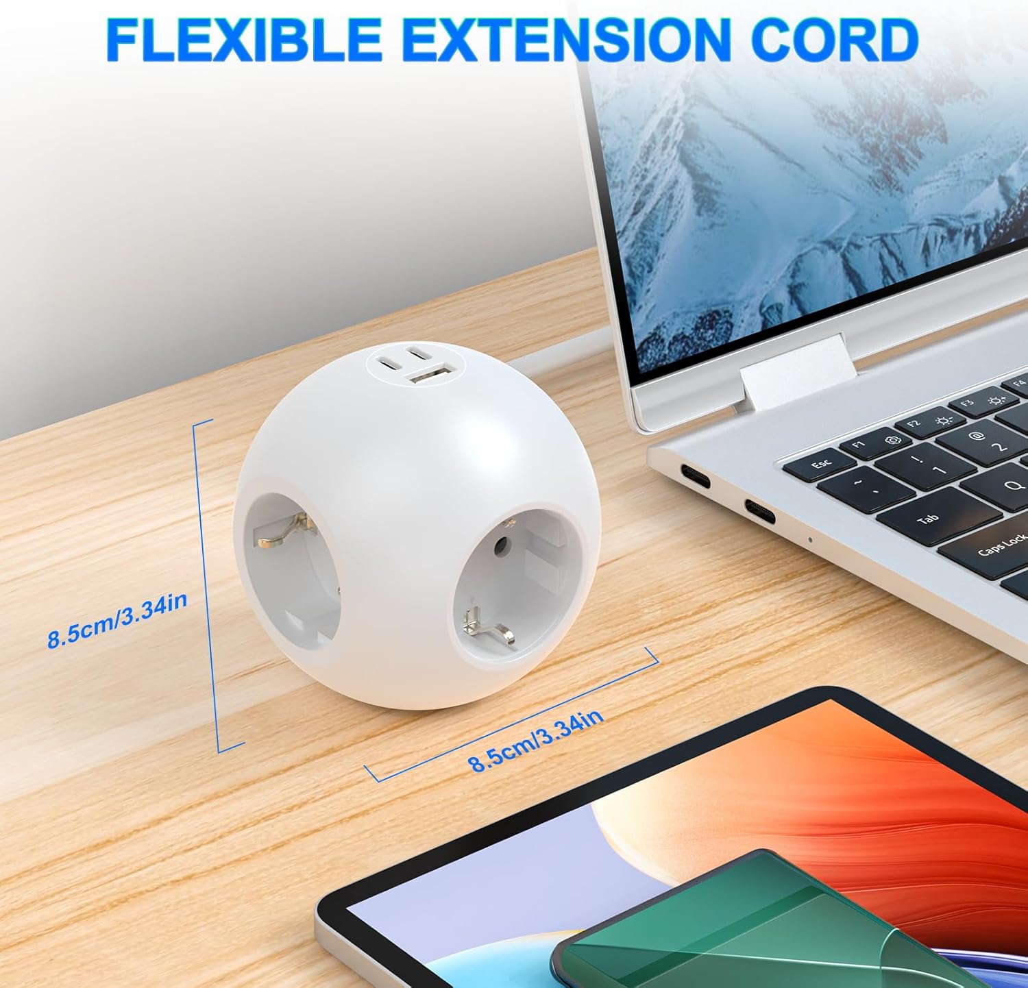PD 25W Steckdosenleiste Cube mit 1 USB A und 2 USB C, Steckdosenleiste mit 3-fach Steckdosenadapter, Kugelsteckdose mit 2m Kabel (3680W 16A für Bürosteckdosen, weiß) – Bild 2
