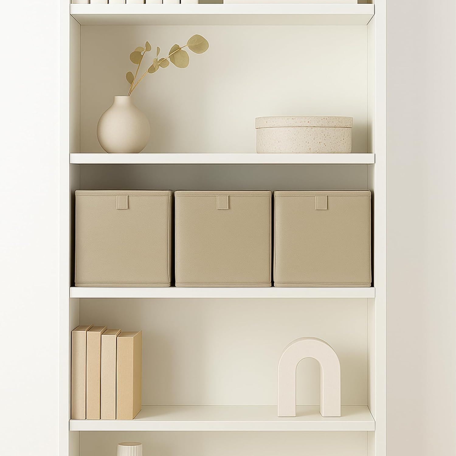 Set mit 3 Aufbewahrungsboxen für Billy-Regale in Beige – 24 x 24 x 24 cm, faltbar mit Stoffschlaufe für Bücherregal, stabile Stoffbox für Organisation – Bild 4