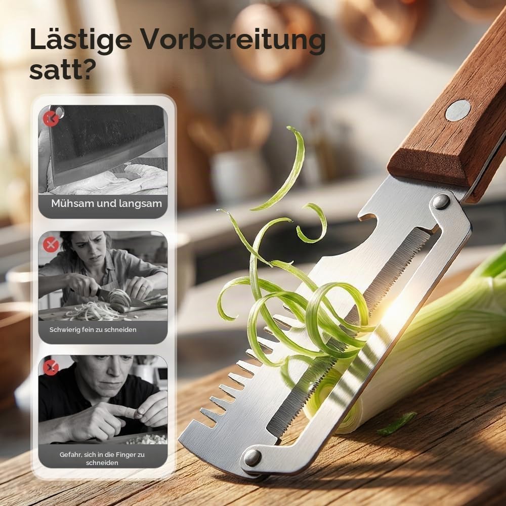 3-in-1-Schäler mit Holzgriff, multifunktionaler Gemüseschäler, Edelstahlklinge, Julienneschneider und Flaschenöffner, inklusive Reinigungsbürste (1 Stück) – Bild 6