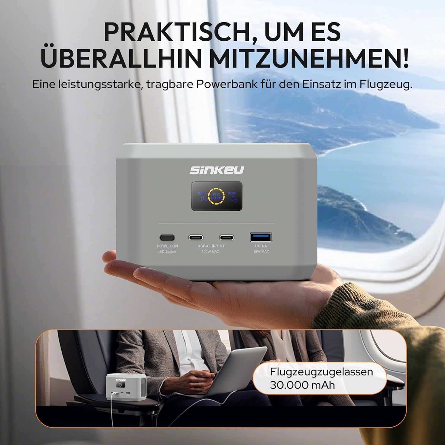 SinKeu Tragbares Kraftwerk, 96 Wh LiFePO4-Akku mit 3 Anschlüssen, USB-C 100 W Eingang/Ausgang, Schnelllade-Akku für Reisen, Notstromversorgung – Bild 6