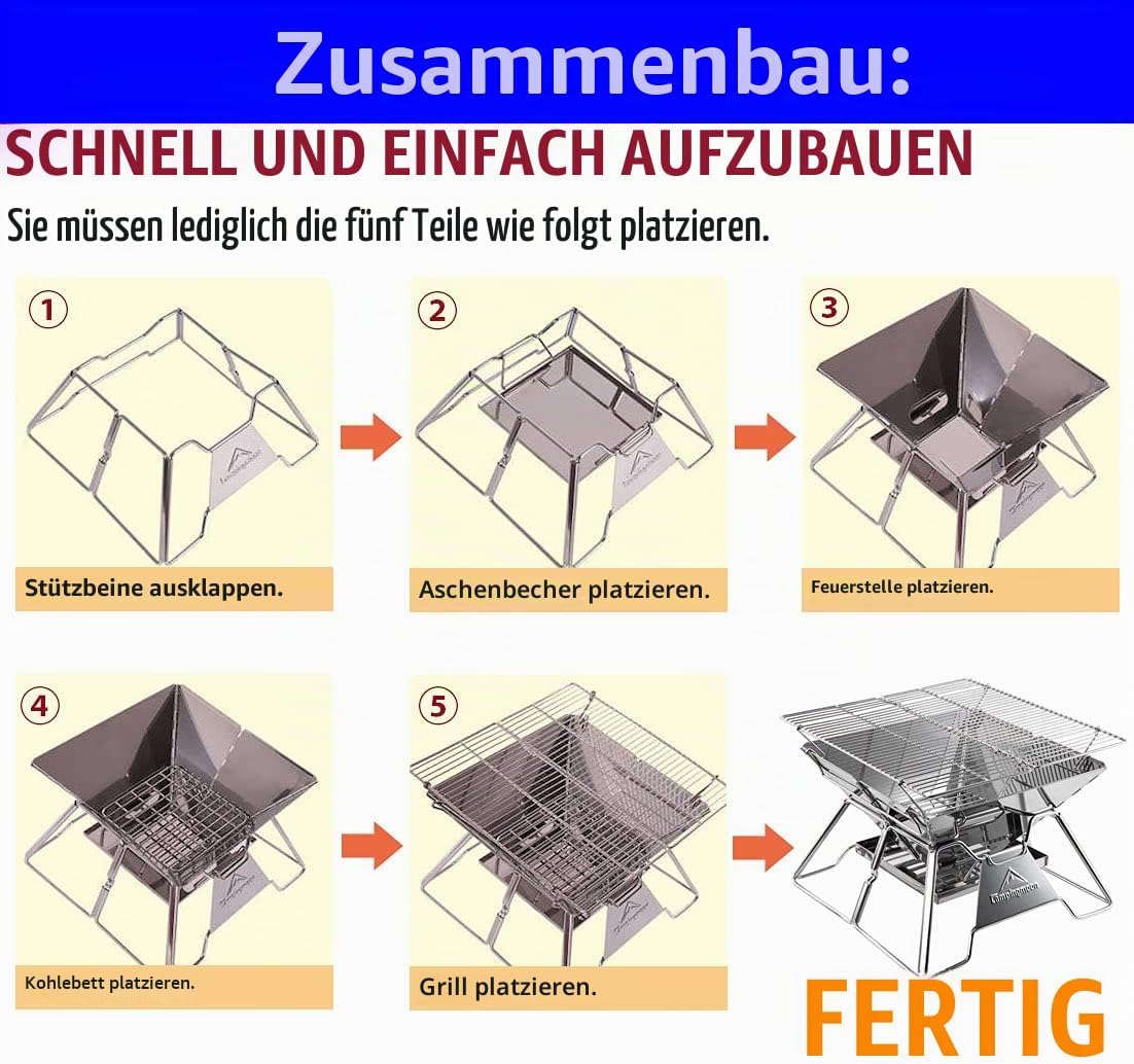 Campingmoon Campinggrill, Edelstahl, faltbar, tragbar, Holzkohlegrill, 35,6 cm, mit Tragetasche, MT-2 – Bild 5
