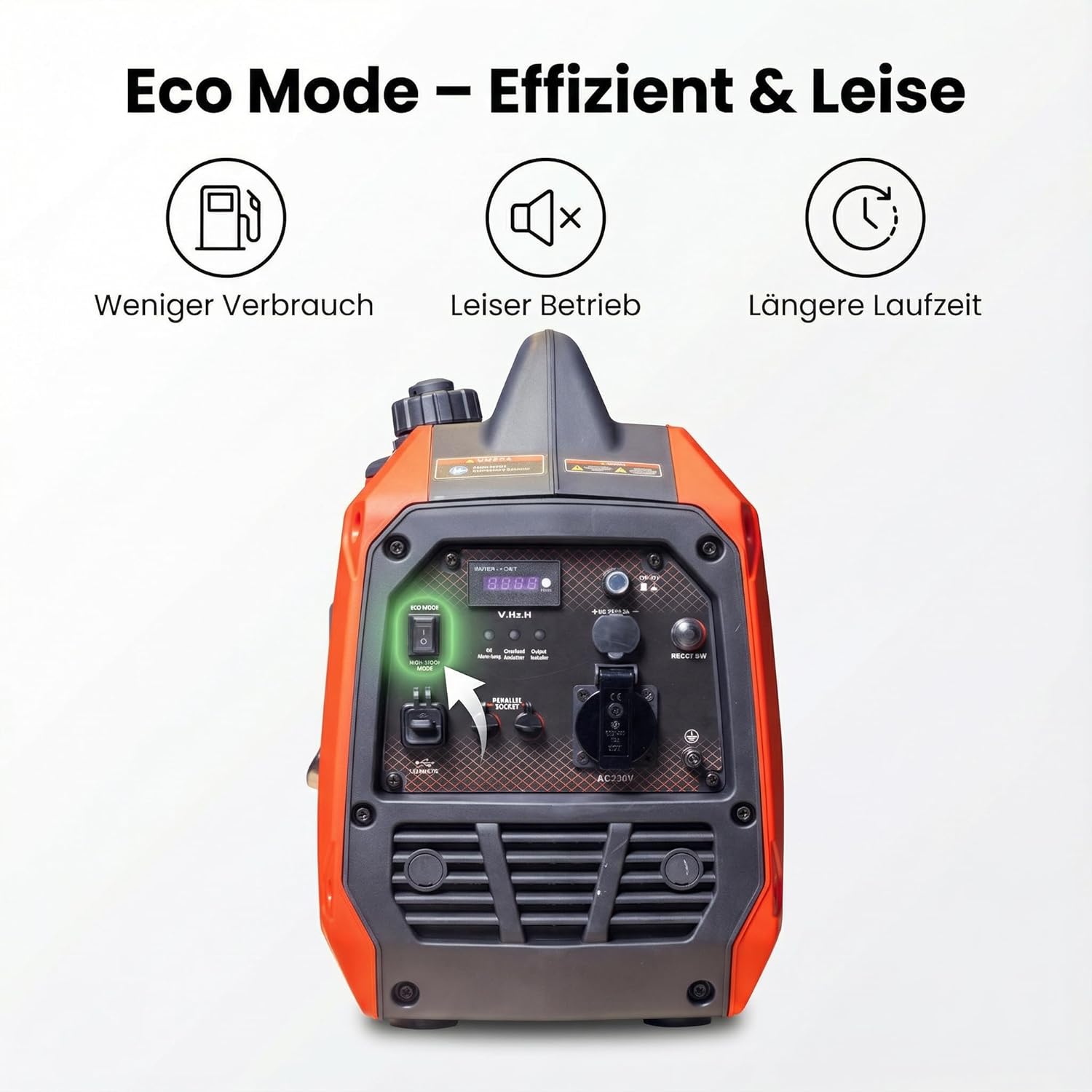 Leiser Inverter Stromerzeuger 2000 W – Tragbarer Benzin-Notstromgenerator mit reiner Sinuswelle, Eco-Modus, Parallelbetrieb, USB-C & 230 V – Ideal für Camping, Wohnmobil, Wohnwagen & Outdoor-Einsatz – Bild 8