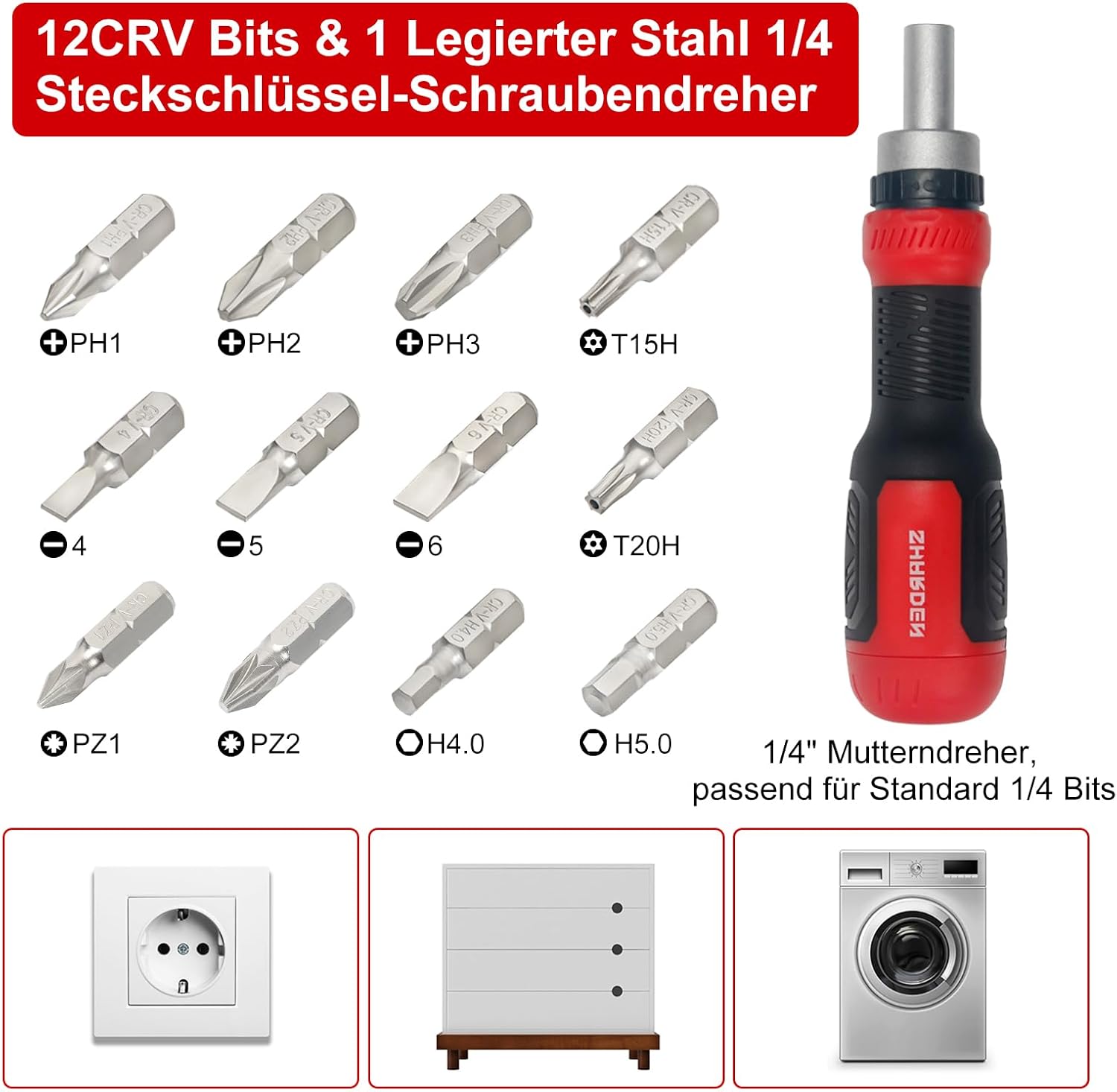 SHARDEN Ratschenschraubendreher 13-in-1 Ratschenschraubendreher Multibit-Schraubendreher Multitool All-in-One mit Torx-, Schlitz-, Kreuzschlitz-, Sechskant-, Pozidriv- und 1/4-Mutternschlüssel – Bild 3