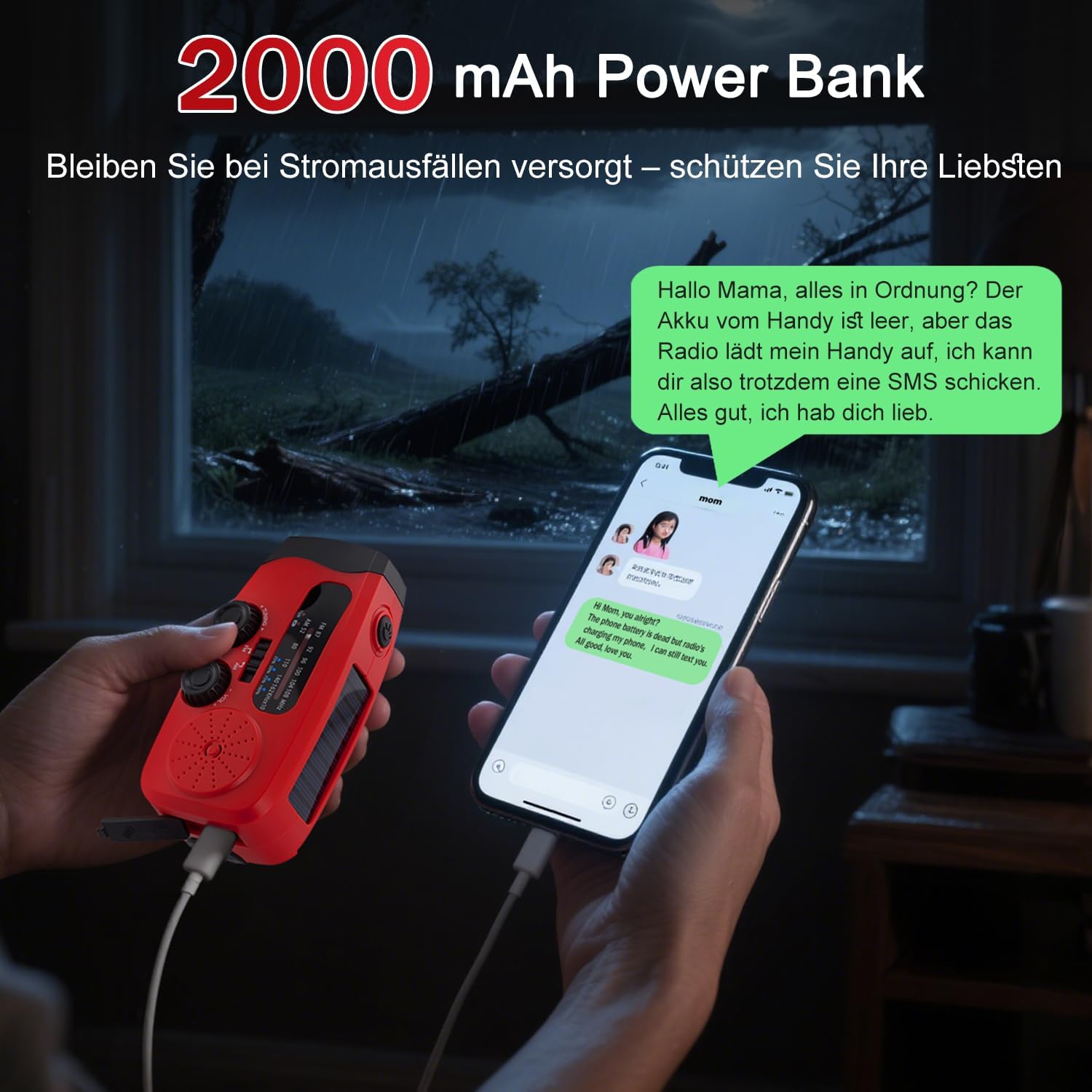 Kurbelradio, 2000 mAh Notfallradio Solarradio Power Bank, AM/FM Radio Batteriebetriebene Notfallausrüstung mit USB-Handy-Ladegerät und Taschenlampe, SOS-Alarm für Überleben, Ourdoor, Camping – Bild 2