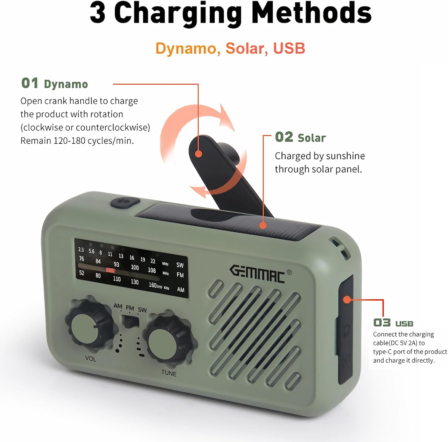Notfallradio, 3-Wege-Lade-Notfallradios, 2000-mAh-Akku-Kurbelradio, Solarladegerät, Powerbank, USB-AM/FM-Radio mit SOS-Alarm, Kopfhöreranschluss, Taschenlampe, Indoor-Outdoor-Camping, kleines Taschenradio – Bild 3