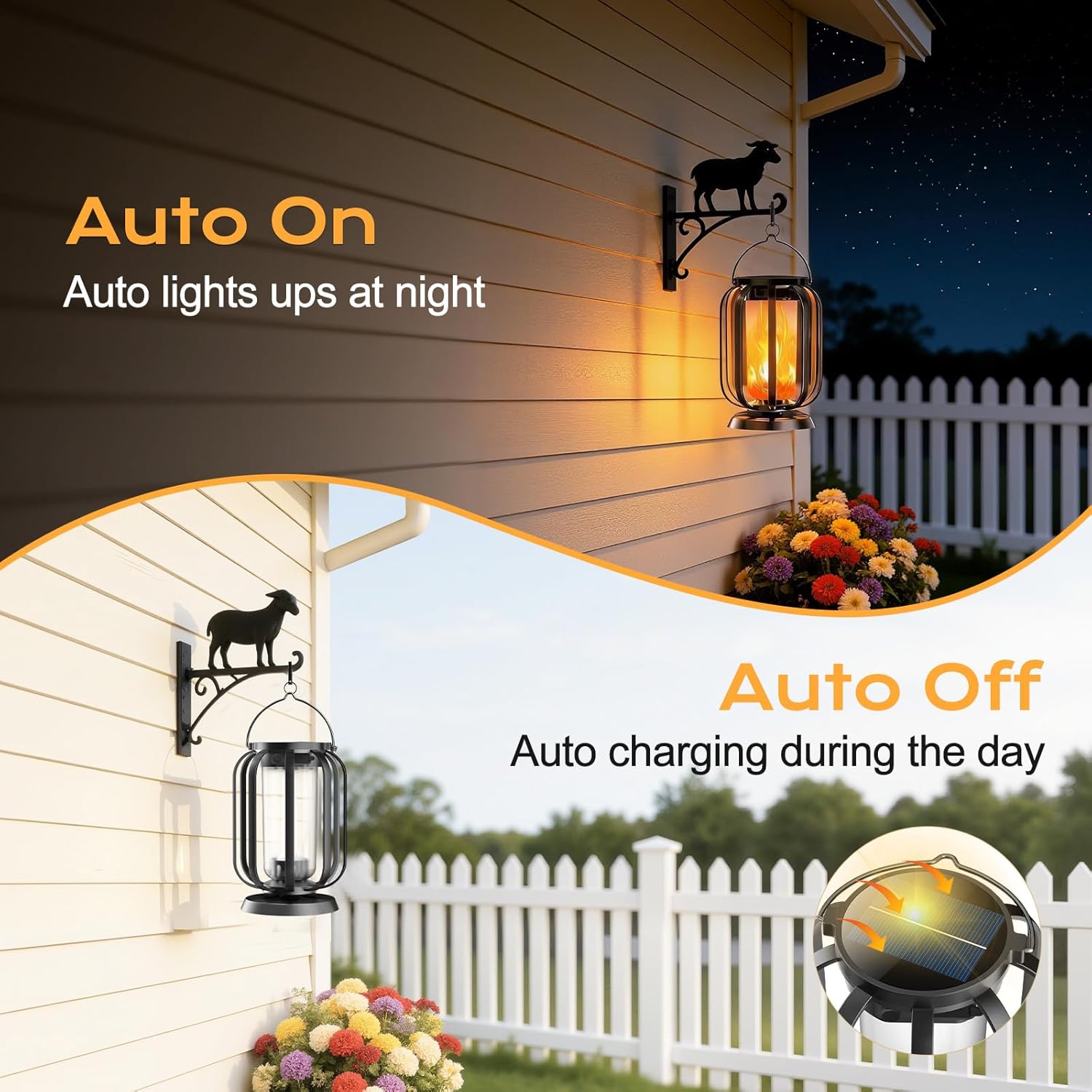 Solar-Flammenlaterne zum Aufhängen im Freien, 2 Stück Solarleuchten IP65 wasserdicht mit 3 Farbtemperaturen, Balkon-Gartenlaterne, Halloween-Dekoration, Außenleuchten für Terrasse, Rasen, Hof, Camping – Bild 4