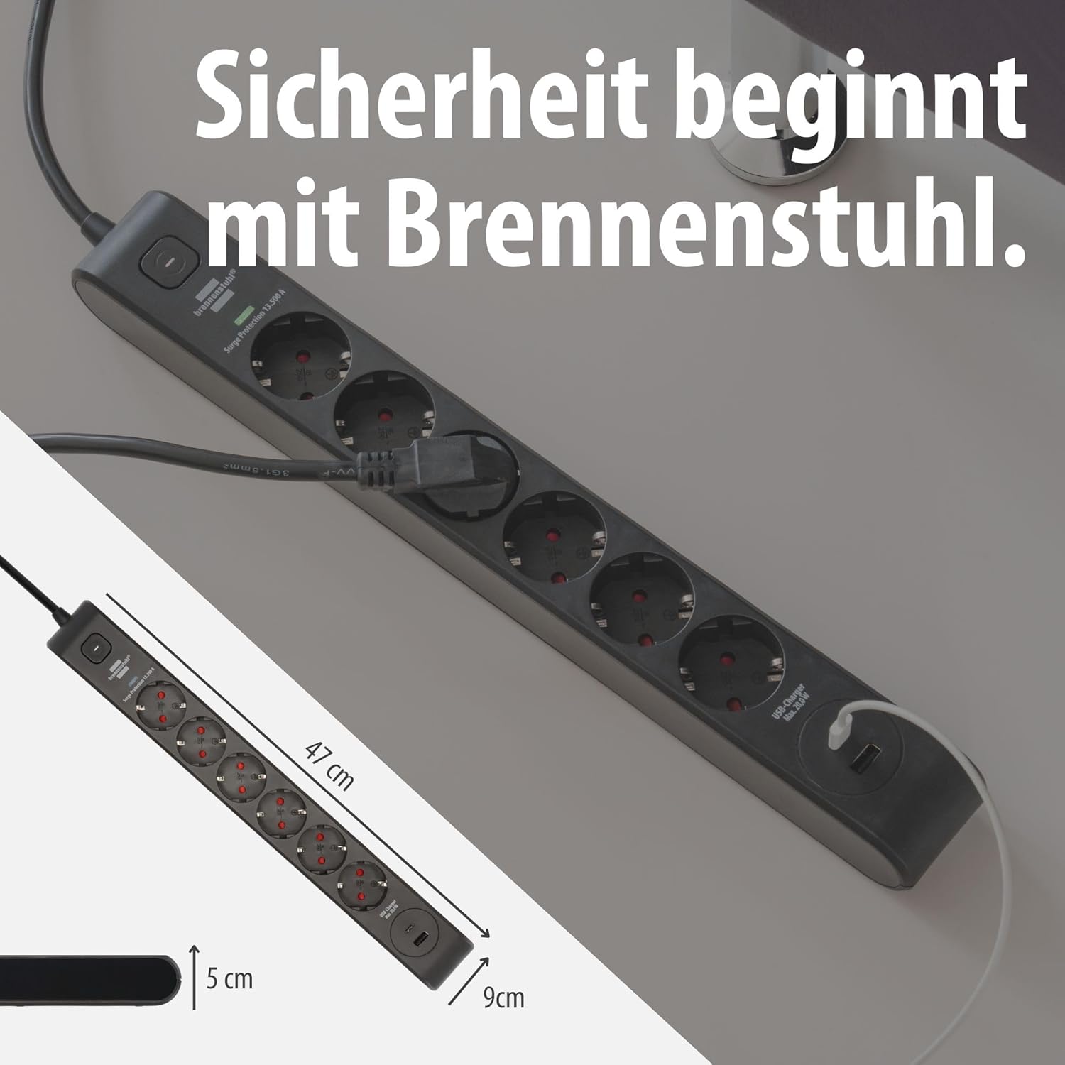 Brennenstuhl 6-fach Steckdosenleiste mit USB und Überspannungsschutz | Mehrfachsteckdose mit 1 x USB C PD 20 W zum Schnellladen und 1 x USB A 20 W, Schalter, 2 m Kabel, schwarz – Bild 7