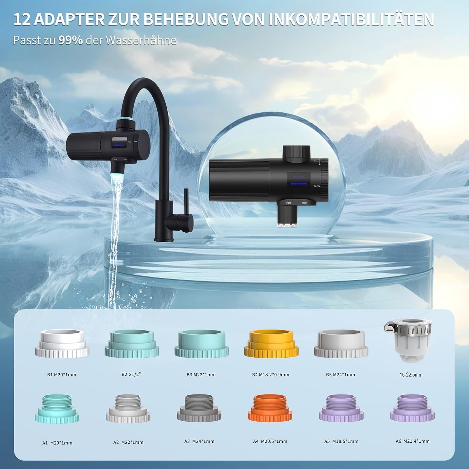 HOMELODY Wasserfilter, Trinkwasser für die Küche, entfernt Chlor, Schwermetalle und Kalk, verbessert den Geschmack, 12 x Adapter, blaues Licht und 1 Filter im Lieferumfang enthalten, Wasserfilterhahn 3.0 mit LED-Anzeige – Bild 8