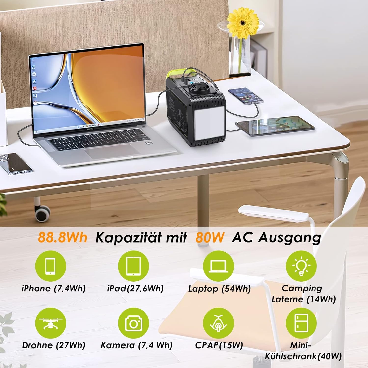 MARBERO Portable Power Station 24000 mAh, tragbarer Generator 88,8 Wh, externer Akku mit 80 W 230 V Steckdose, USB-C & LED-Lampe, Notstromversorgung für Camping, Haushalt, Reisen, Garten & Notfälle – Bild 3