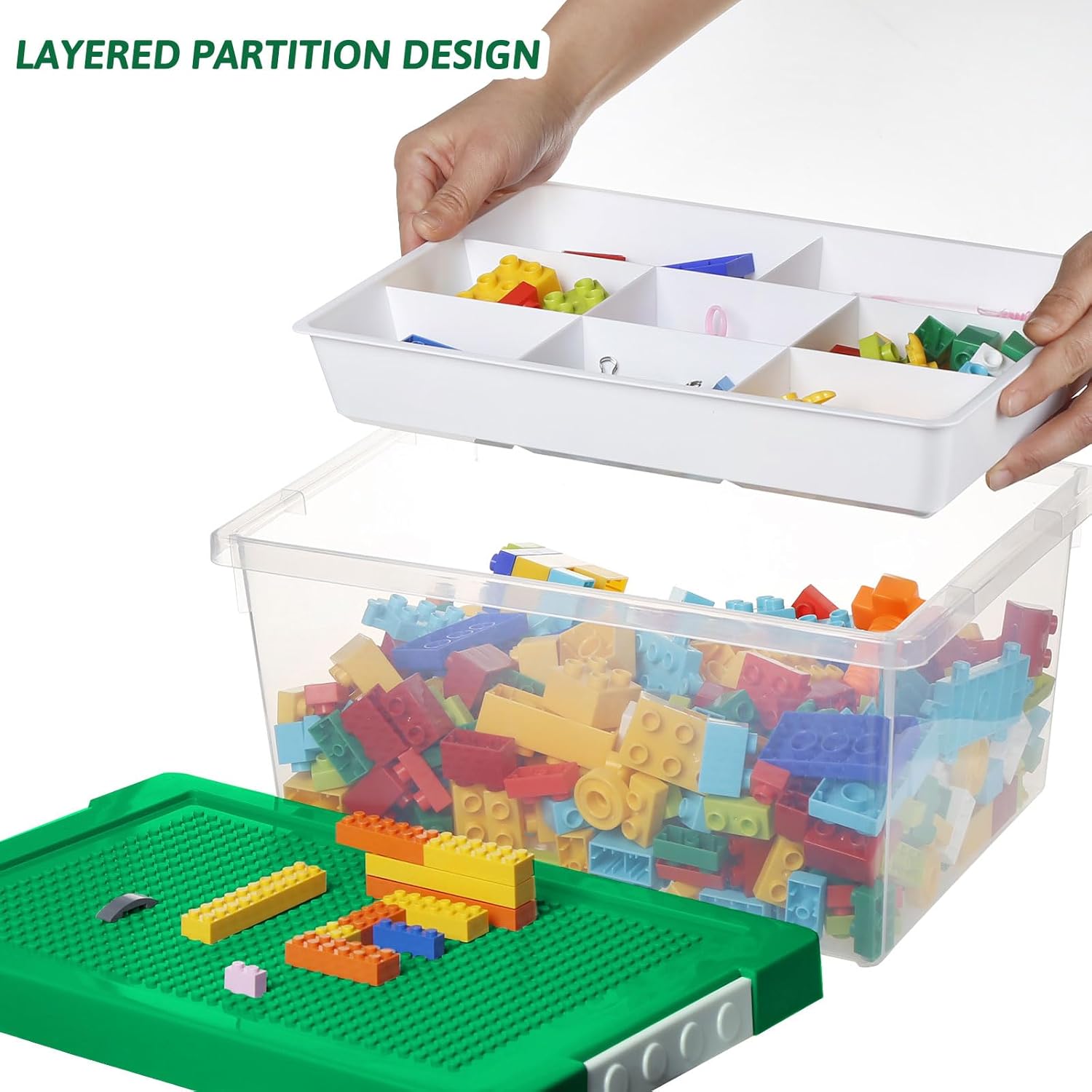Greentainer Aufbewahrungsbox Spielzeug mit Deckel & herausnehmbarem Tablett & Bauplatte, 3er Set, Spielzeugkiste aus PP, Aufbewahrungskorb Kinder, Spielzeugkiste fürs Kinderzimmer, Aufbewahrungsbehälter für Bauklötze – Bild 3