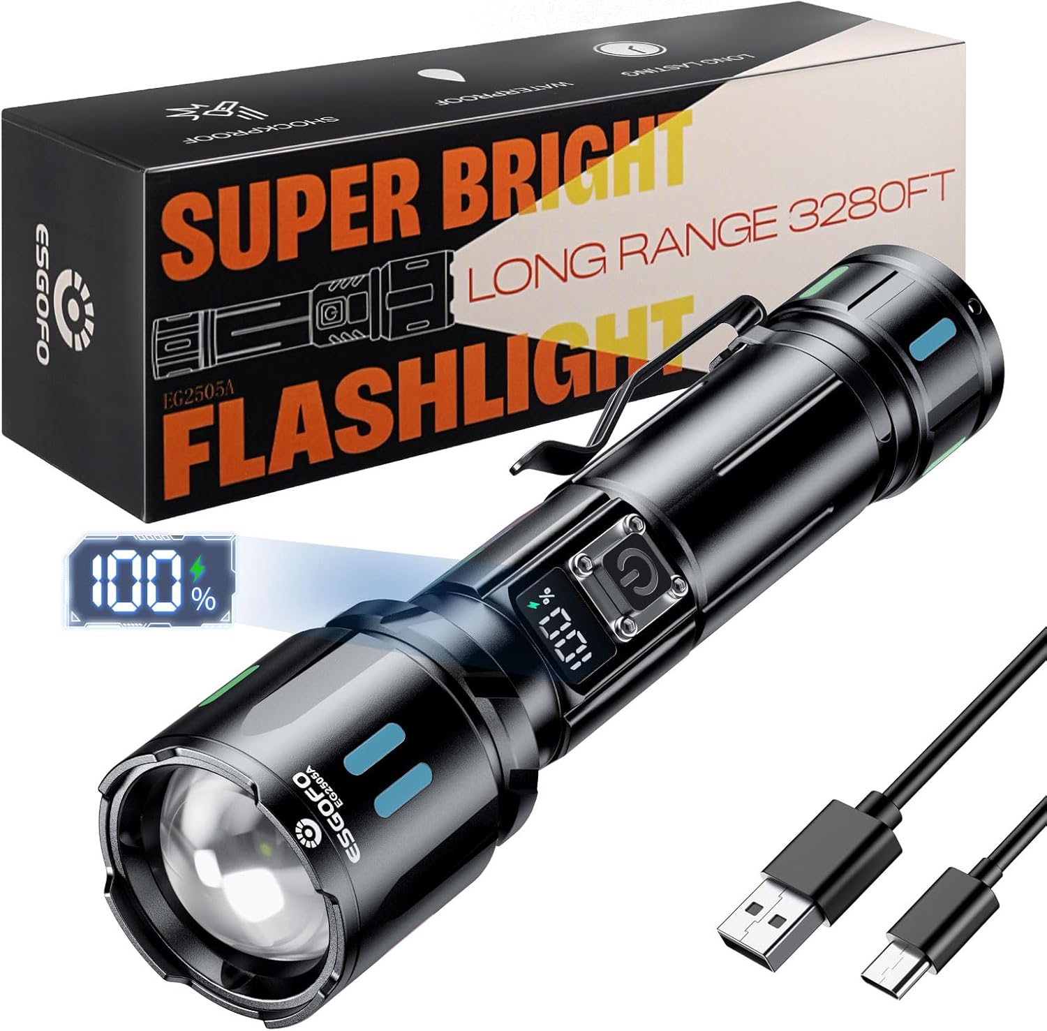 Esgofo Taschenlampe LED wiederaufladbar, extrem hell, 500.000 Lumen, sehr hell, langlebig, 15 Stunden, USB-C-Taschenlampe, große Reichweite 1000 m, einstellbarer Fokus und Lichtmodi, Taschenlampe für Sicherheit im Freien