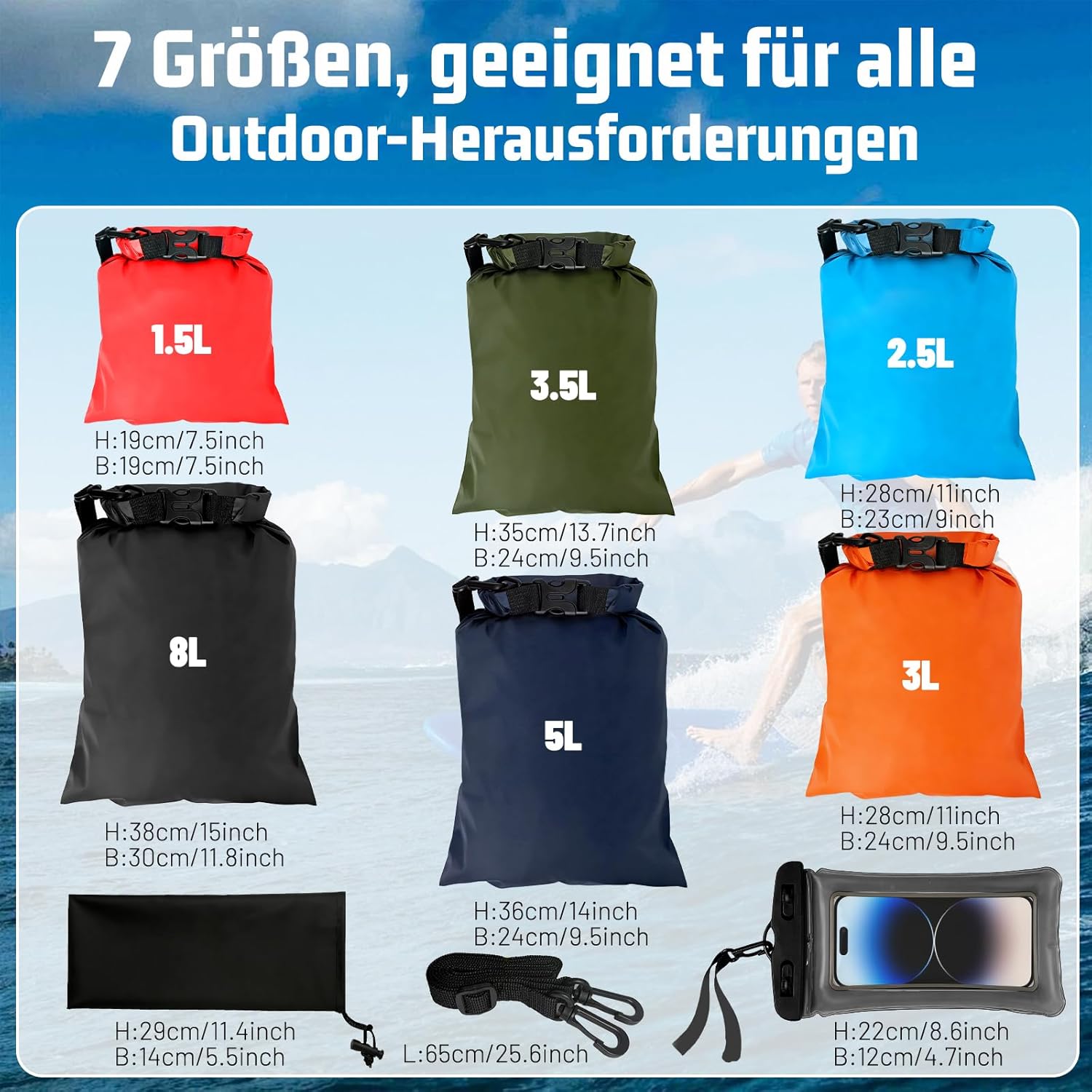 Trockentaschen-Set mit 6 wasserdichten Taschen – 1,5 l, 2,5 l, 3 l, 3,5 l, 5 l, 8 l, wasserdichte Tasche und Packtaschen mit verstellbarem Riemen, schützt das Telefon | Perfekt für Outdoor- und Wassersport | Ultraleicht und robust – Bild 2
